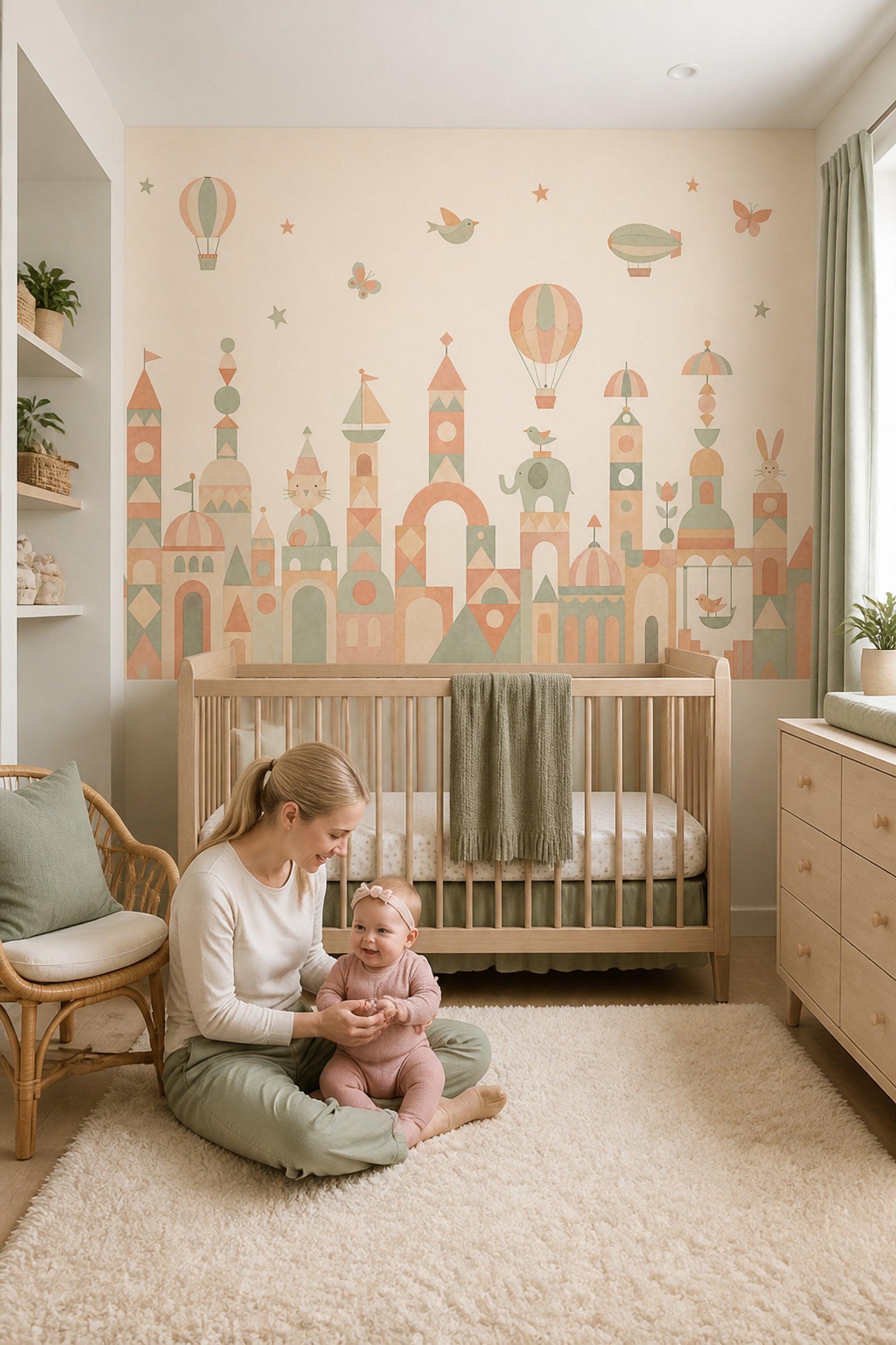 Pastel Cityscape Wallpaper Nursery Wallpaper Removable Hot Air Balloons Wall Decor