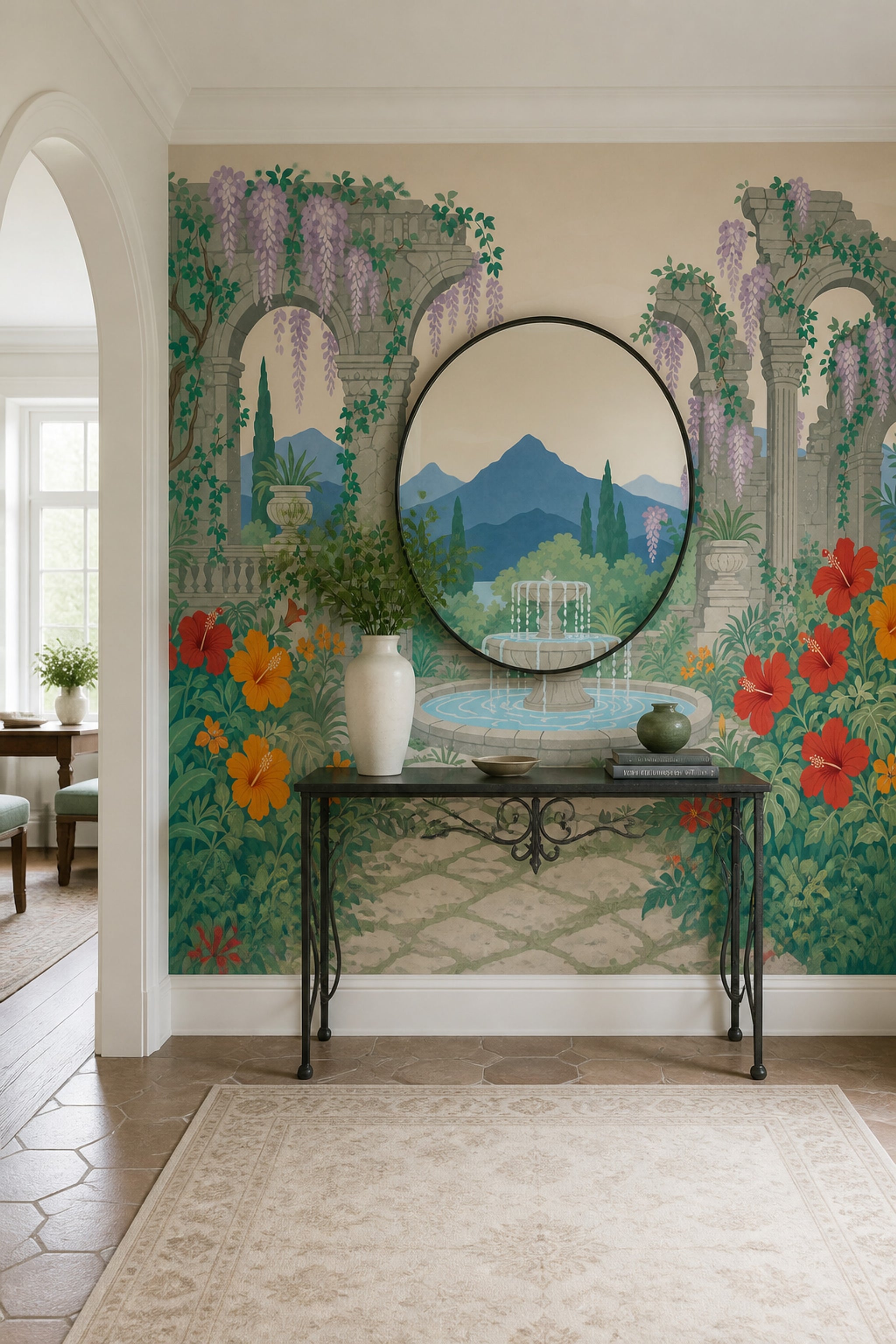 Mediterranean Garden Wallpaper Stone Ruins Classical Arches Removable Wall Decor