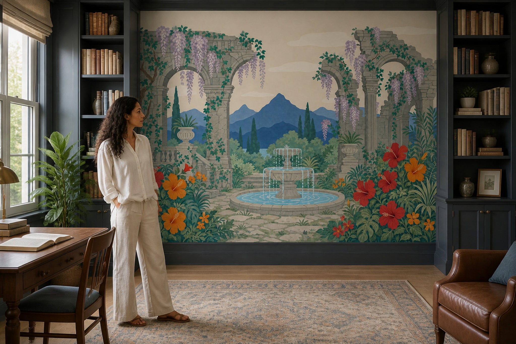 Mediterranean Garden Wallpaper Stone Ruins Classical Arches Removable Wall Decor