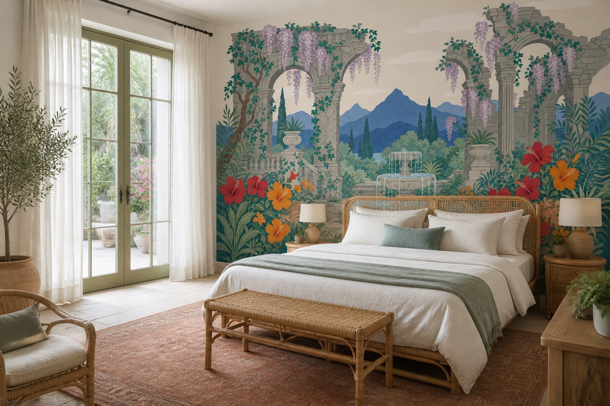Mediterranean Garden Wallpaper Stone Ruins Classical Arches Removable Wall Decor