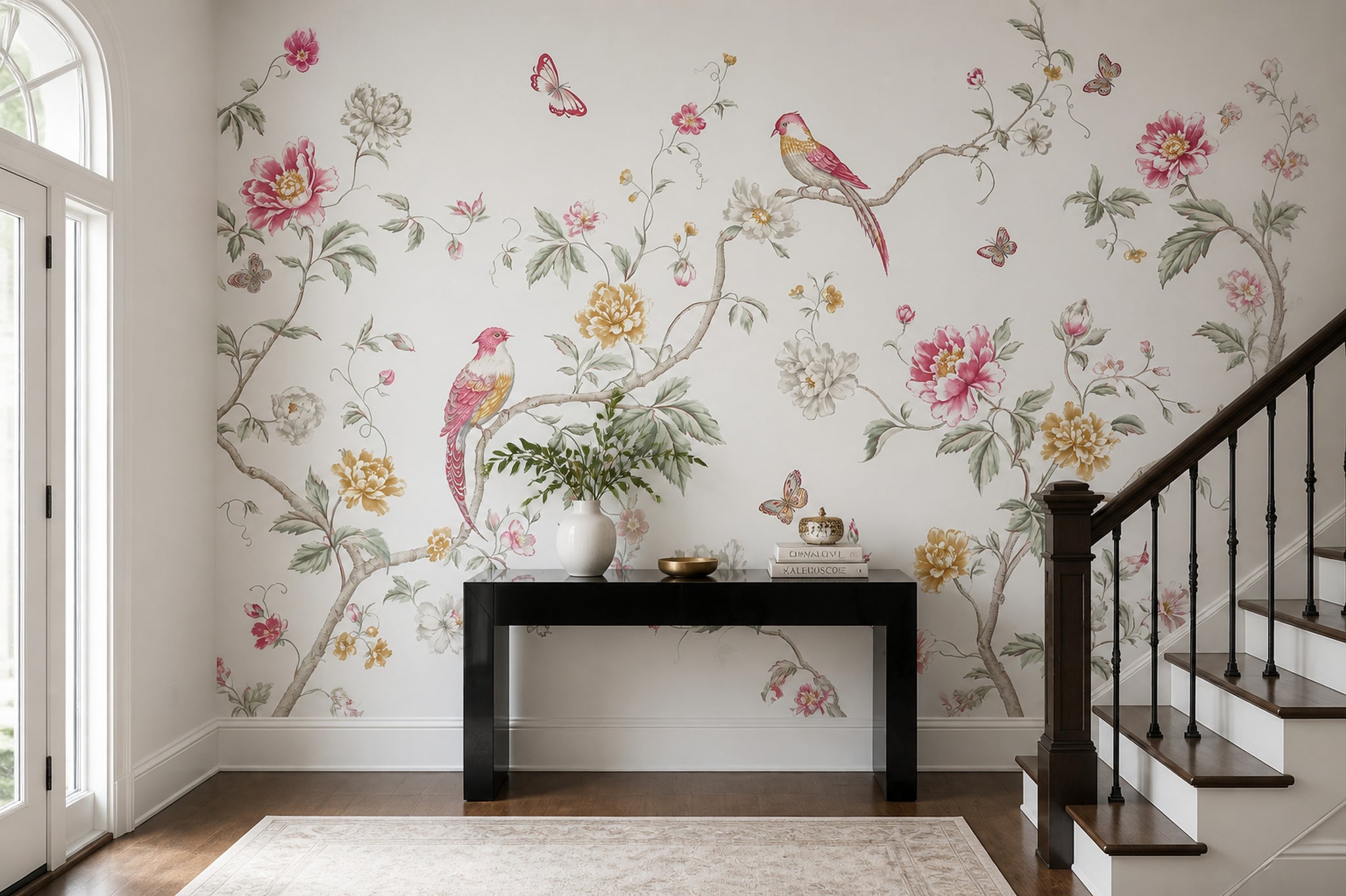White Background Wallpaper Floral Removable Botanical Wall Decor
