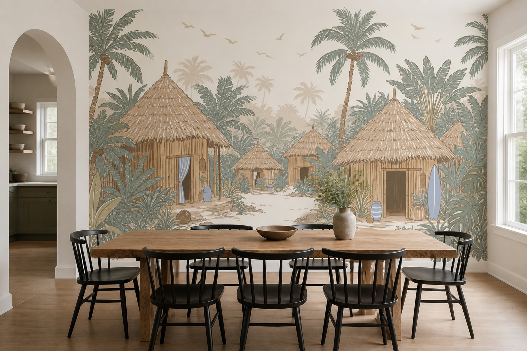 Tropical Village Wallpaper Thatched Huts Removable Palm Trees Wall Decor