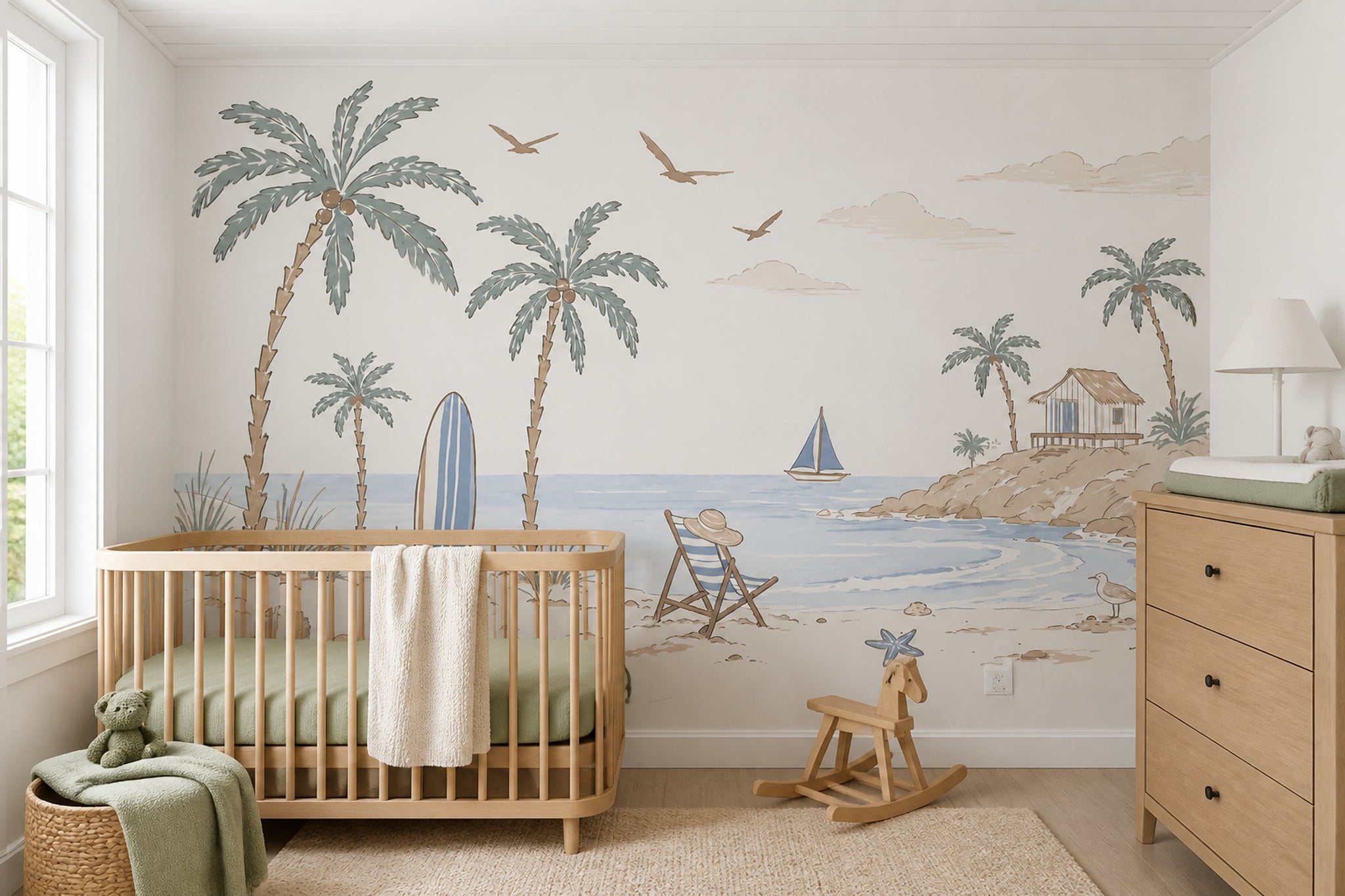 Tropical Beach Wallpaper Muted Green Removable Wall Decor