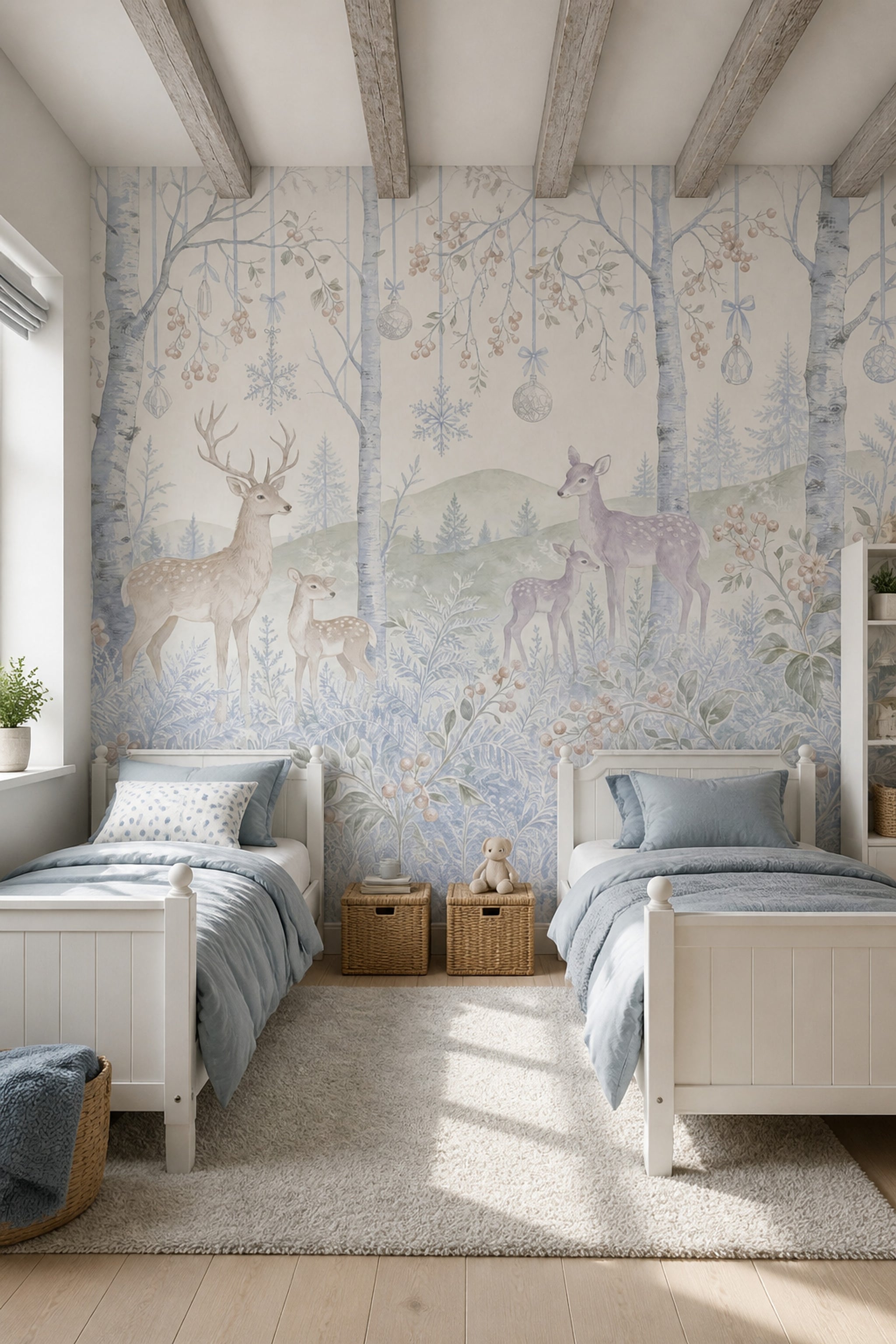 Winter Woodland Wallpaper Deer Removable Birch Trees Wall Decor