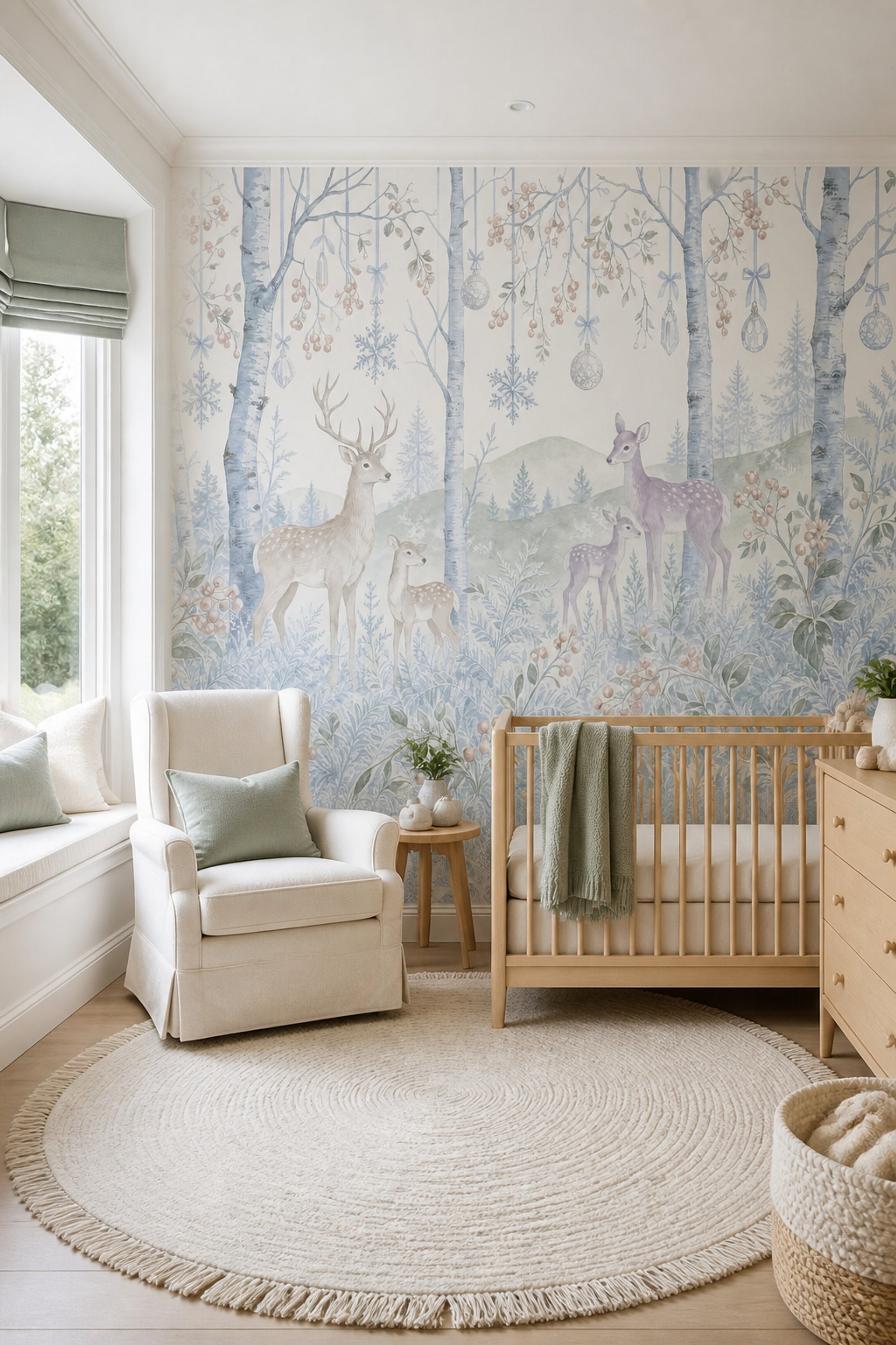 Winter Woodland Wallpaper Deer Removable Birch Trees Wall Decor
