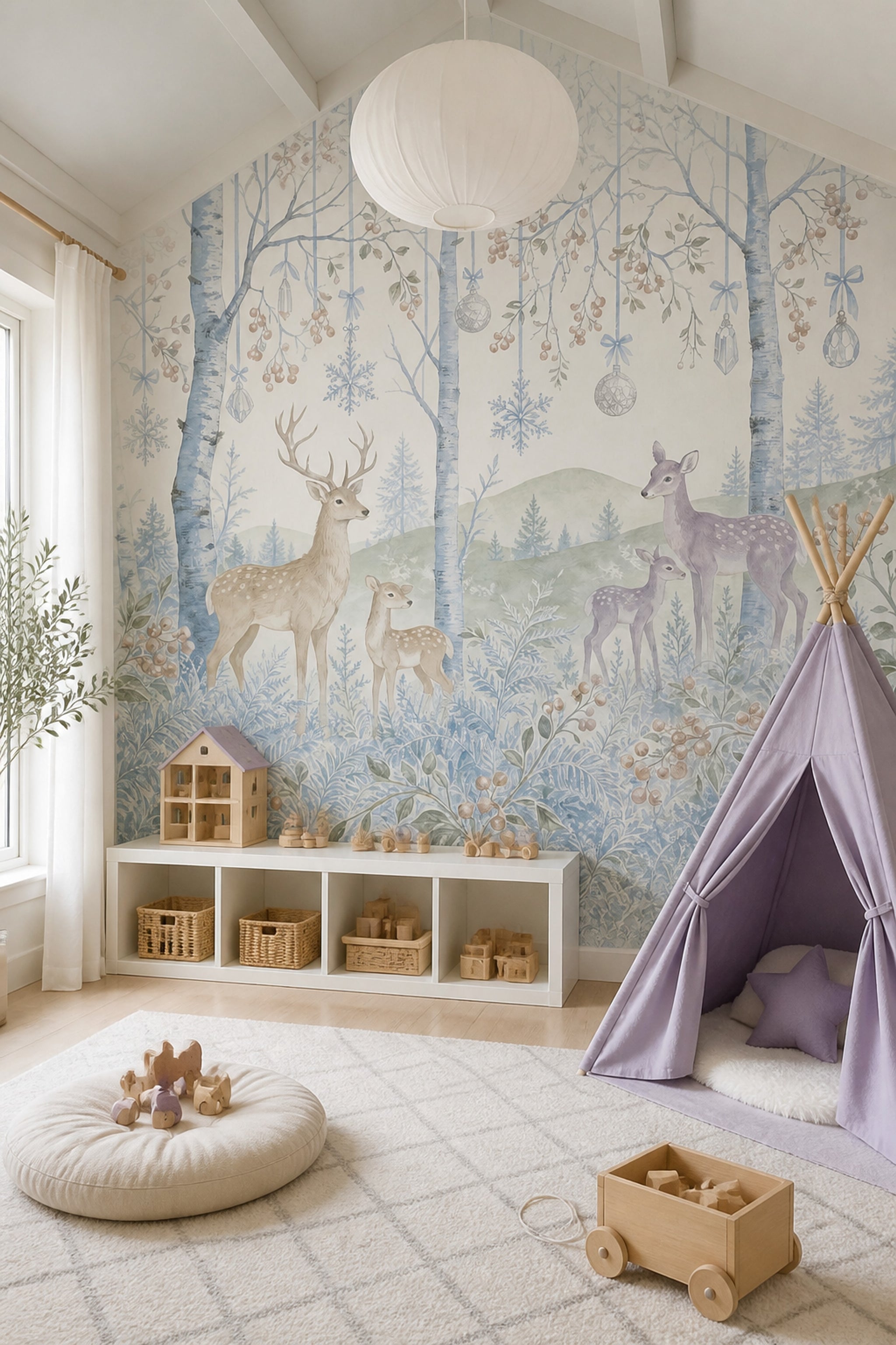 Winter Woodland Wallpaper Deer Removable Birch Trees Wall Decor