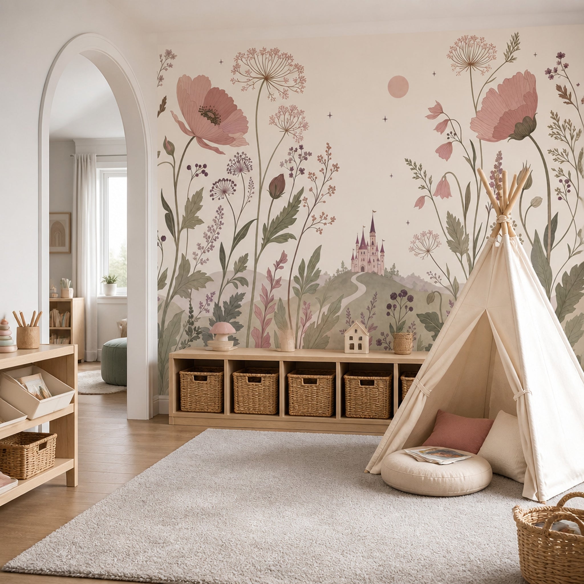 Muted Green Wallpaper Pastel Floral Removable Fairy Tale Wall Decor
