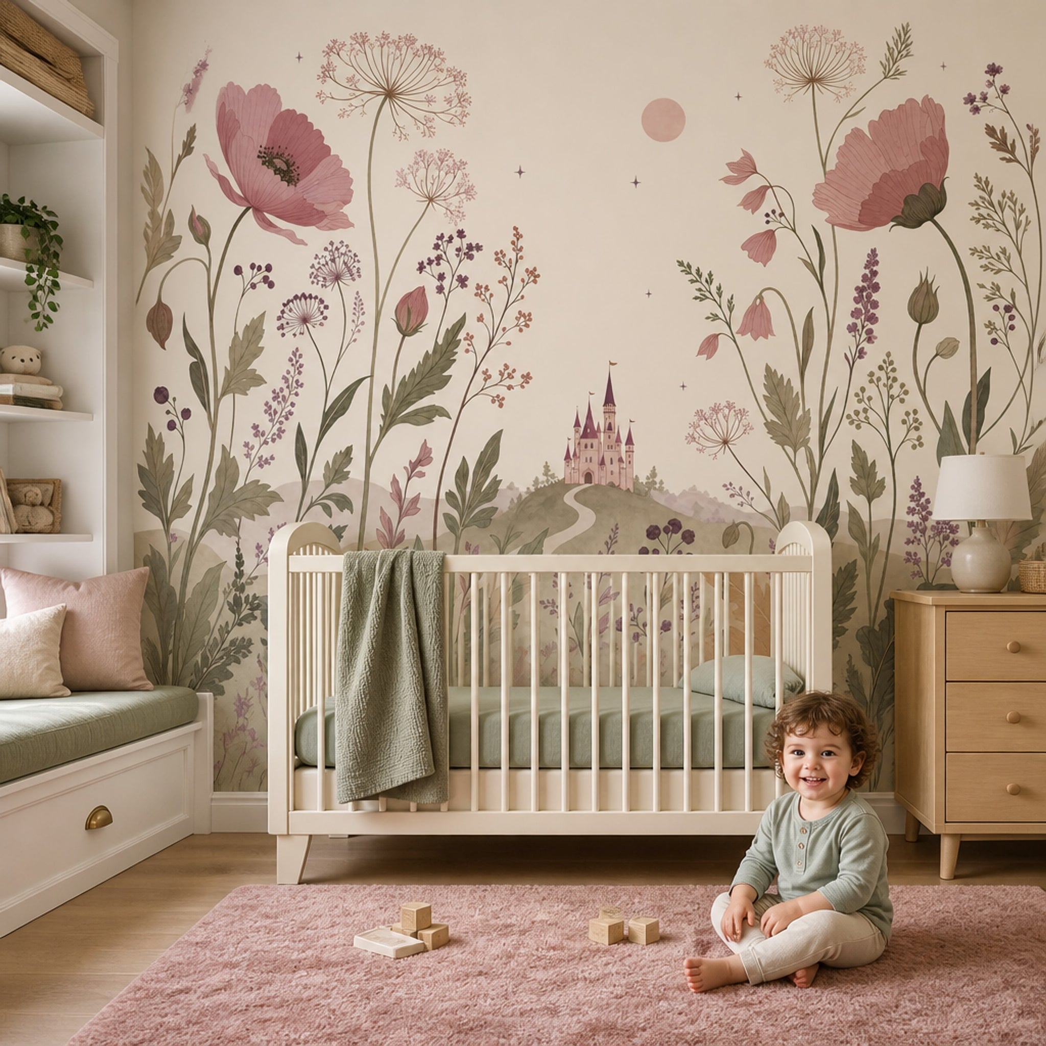 Muted Green Wallpaper Pastel Floral Removable Fairy Tale Wall Decor