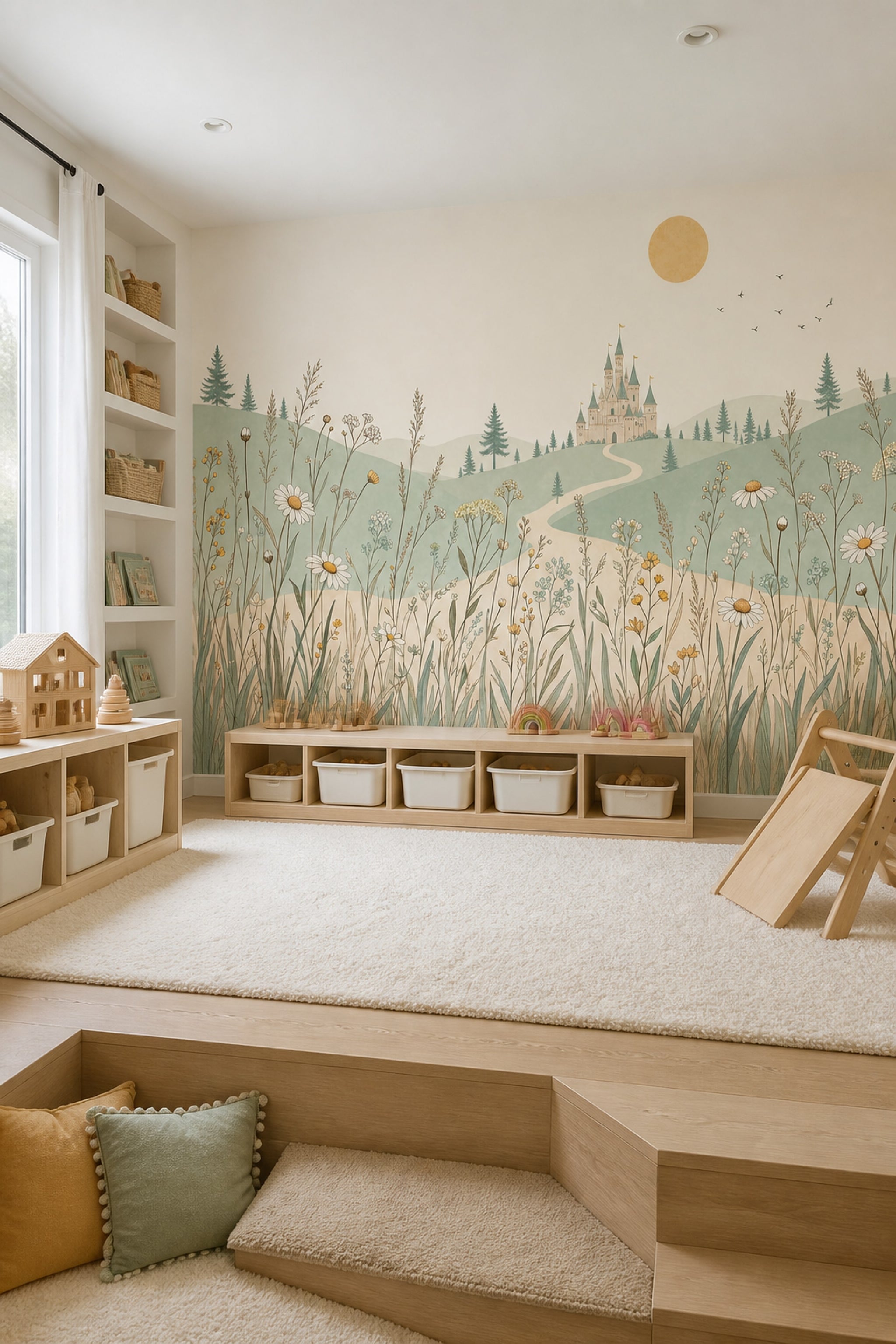 Fairytale Castle Wallpaper Wildflowers Rolling Hills Wall Mural