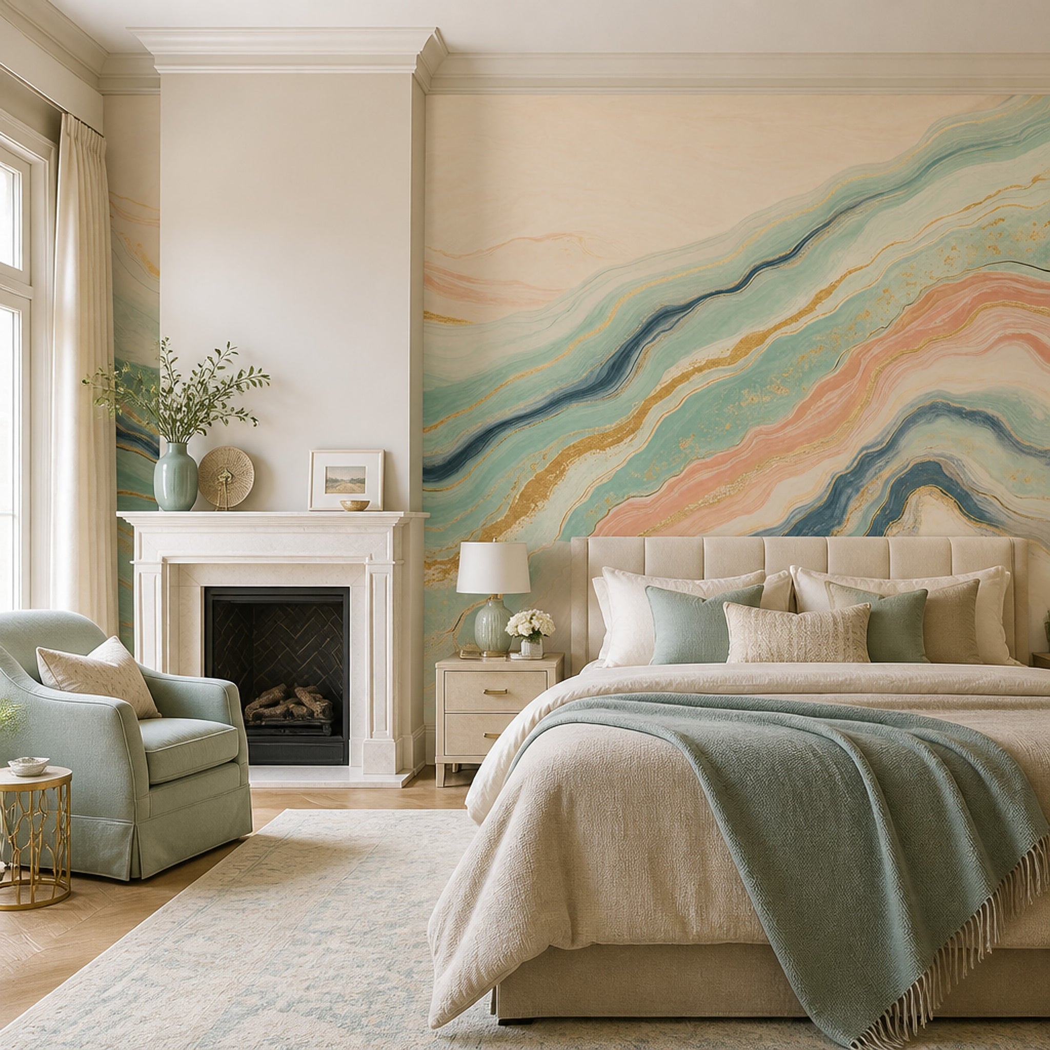 Watercolor Texture Wallpaper Pastel Marble Gold Vein Removable Wall Decor