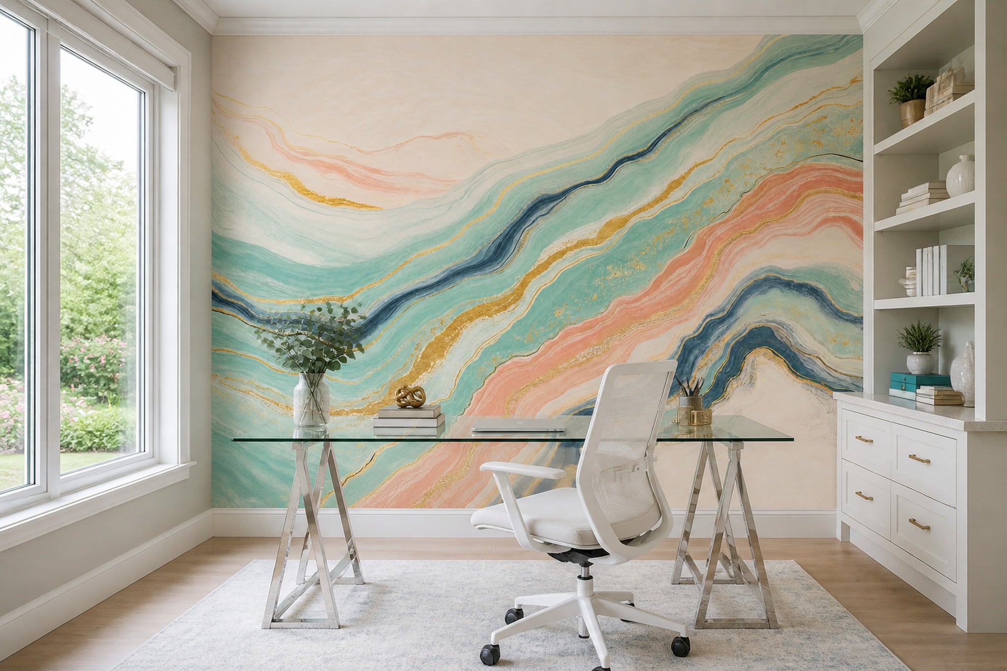 Watercolor Texture Wallpaper Pastel Marble Gold Vein Removable Wall Decor