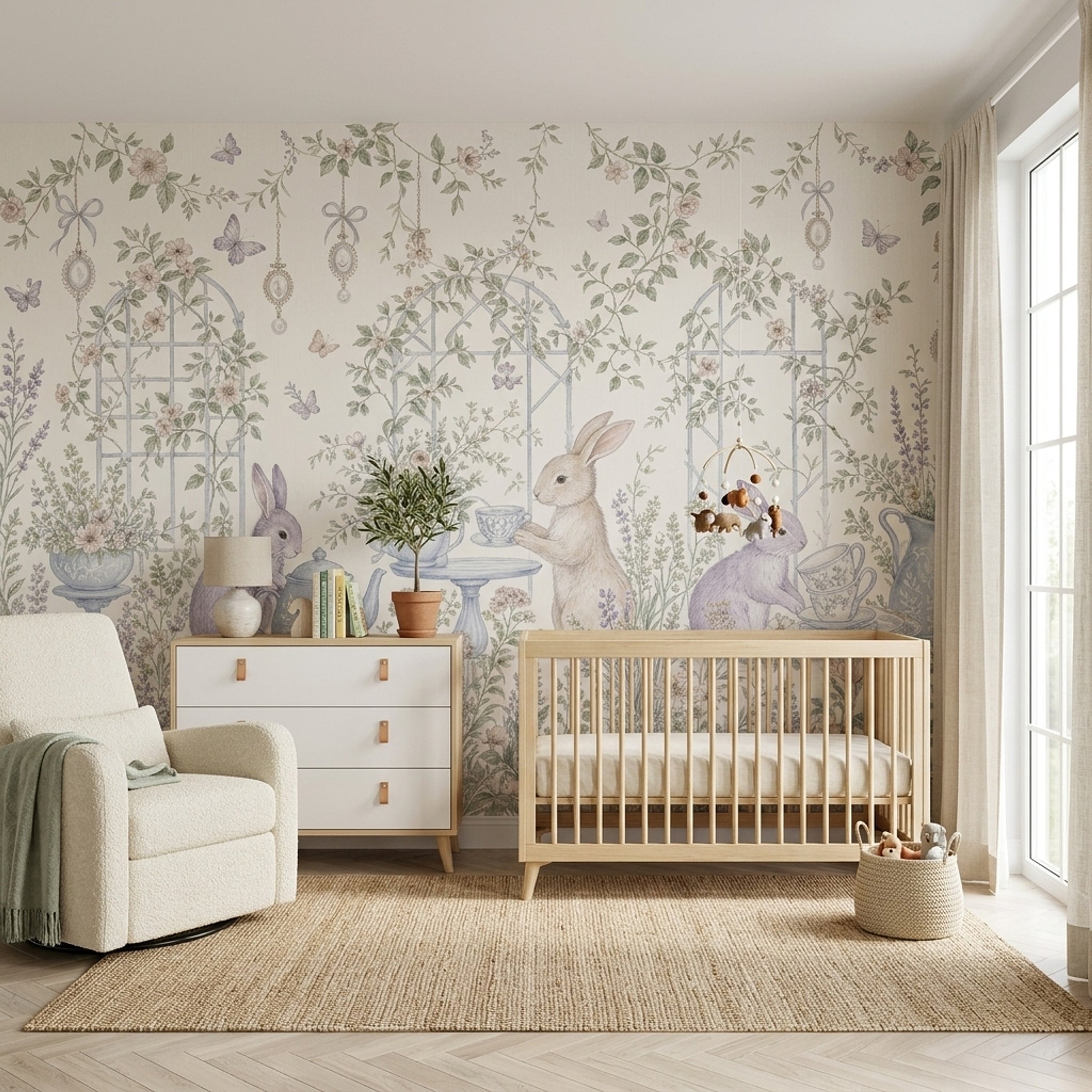 Rabbit Garden Wallpaper Floral Wallpaper Tea Party Removable Wall Decor