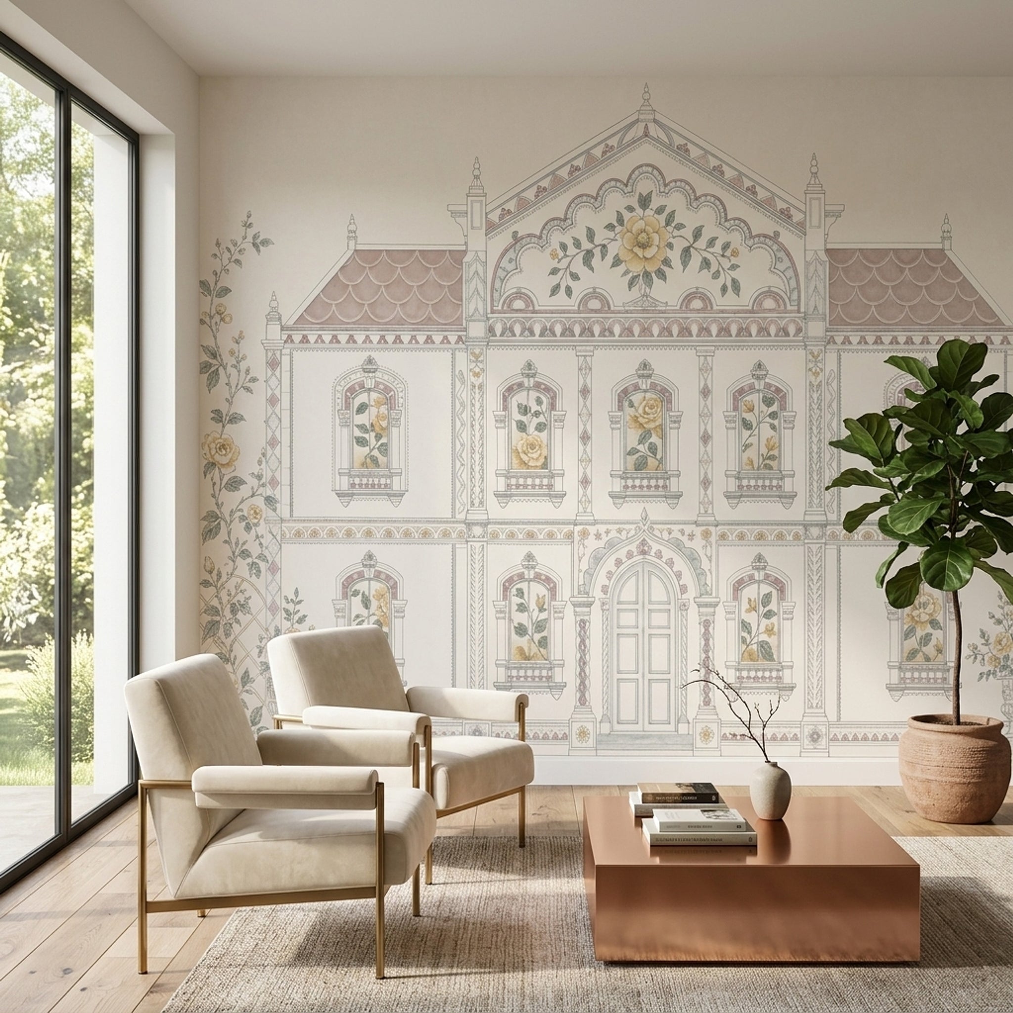 Muted Green Wallpaper Botanical Removable Architectural Wall Decor