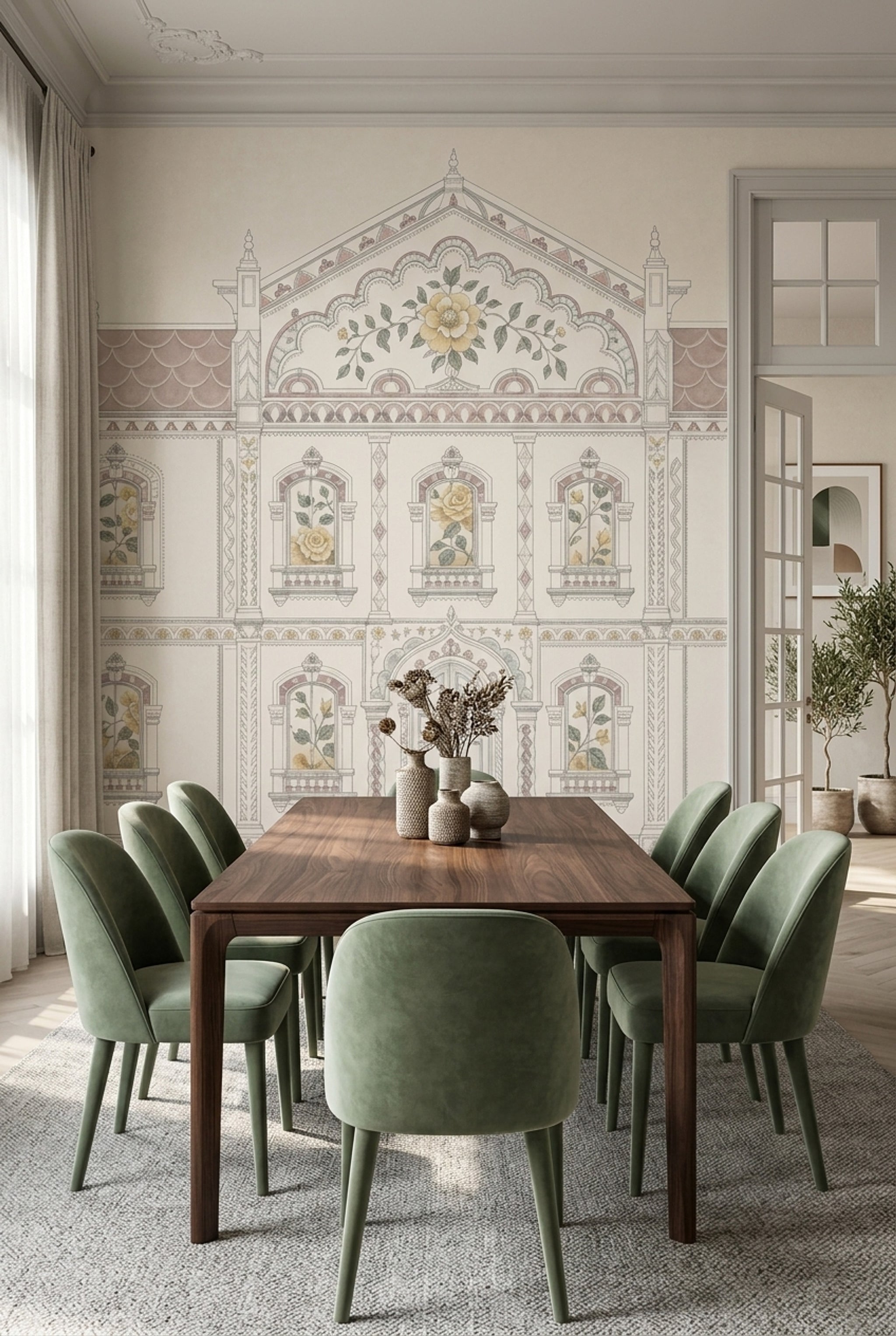 Muted Green Wallpaper Botanical Removable Architectural Wall Decor