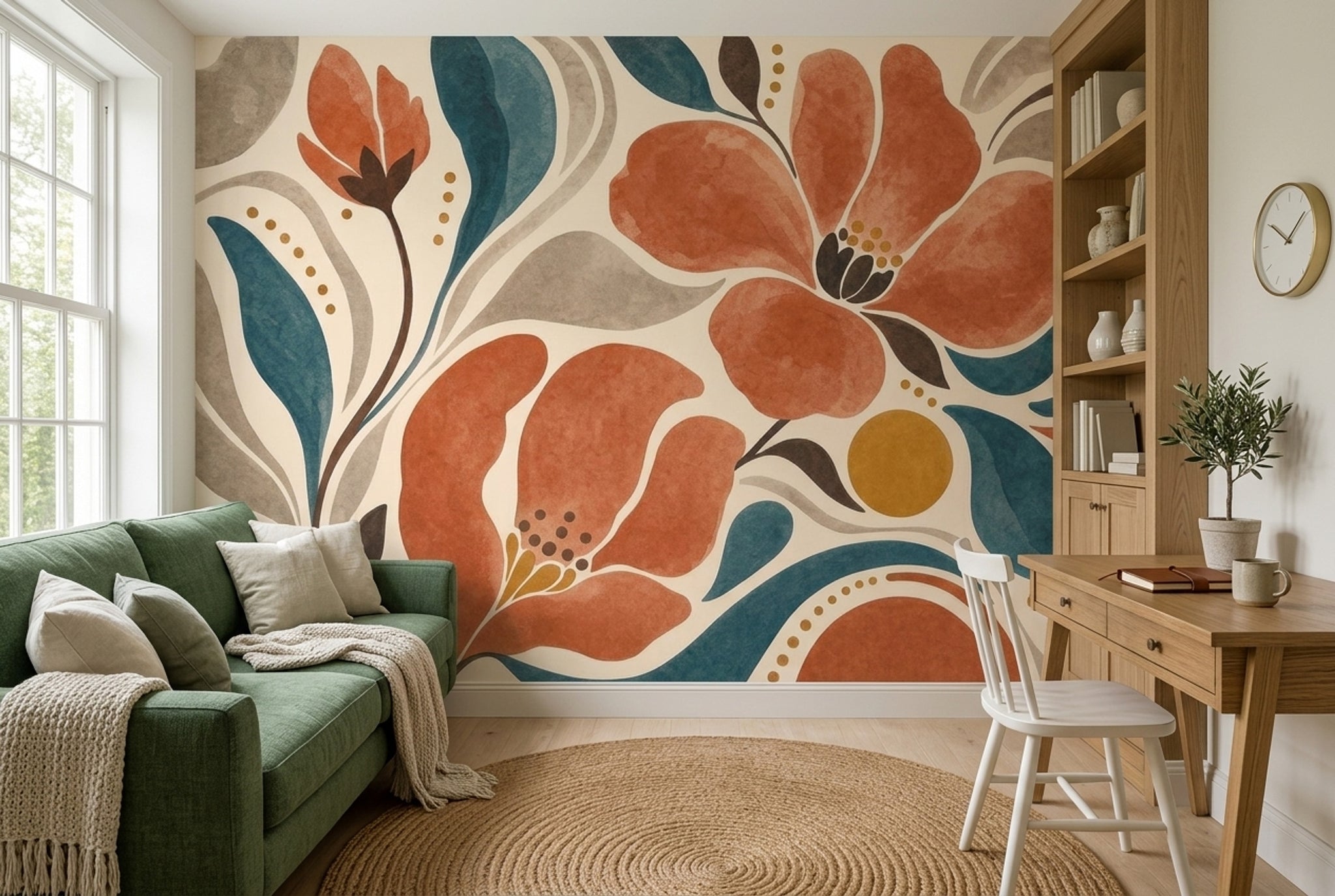 Terracotta Flowers Wallpaper Teal Leaves Cream Background Removable Wall Decor