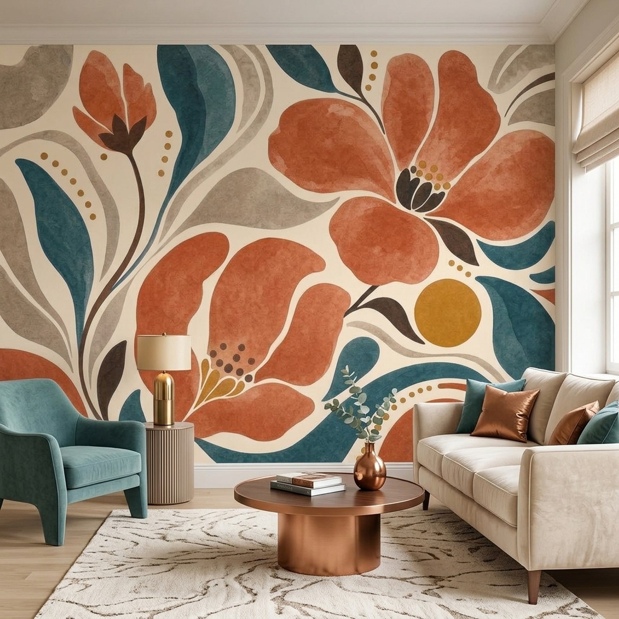 Terracotta Flowers Wallpaper Teal Leaves Cream Background Removable Wall Decor