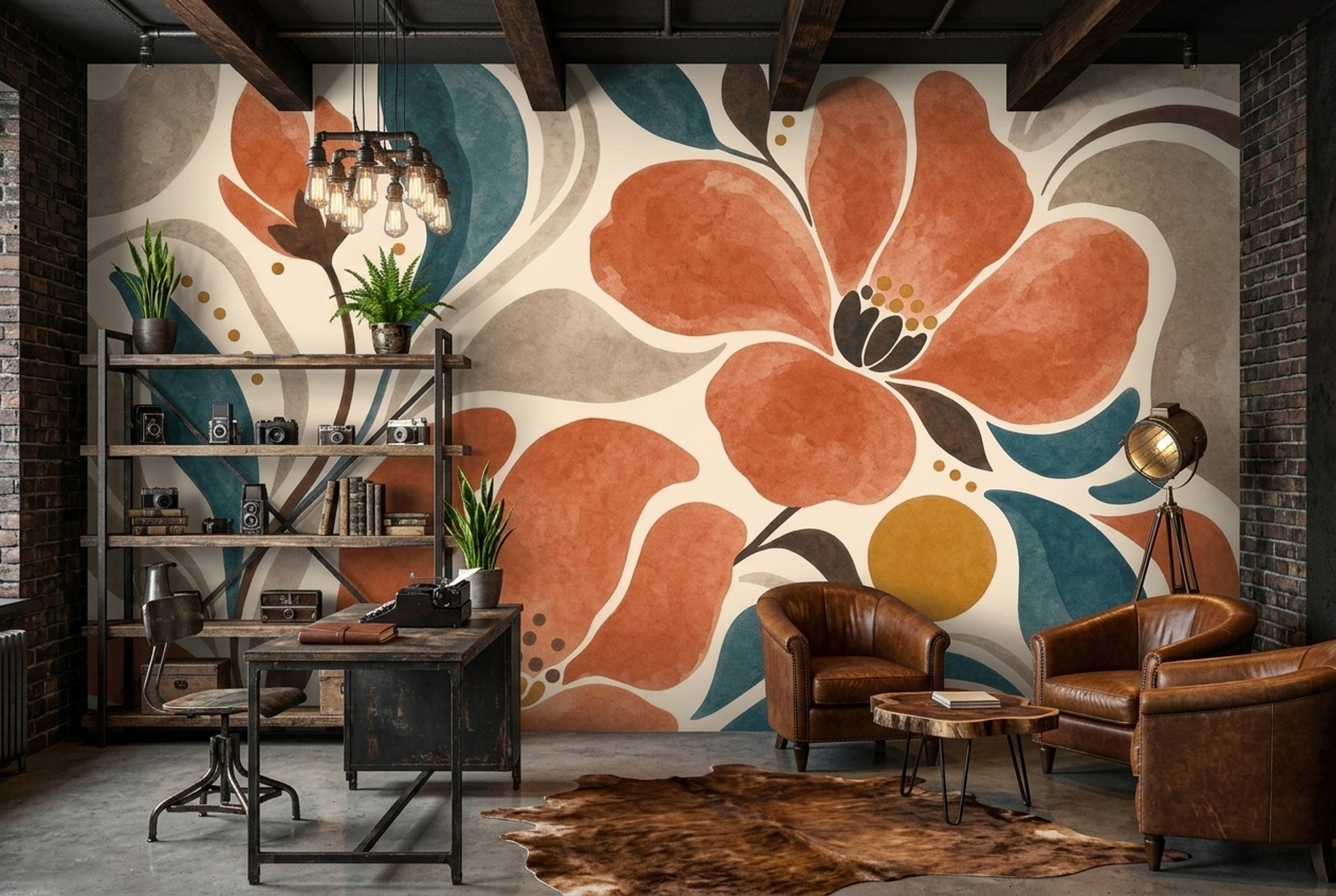 Terracotta Flowers Wallpaper Teal Leaves Cream Background Removable Wall Decor
