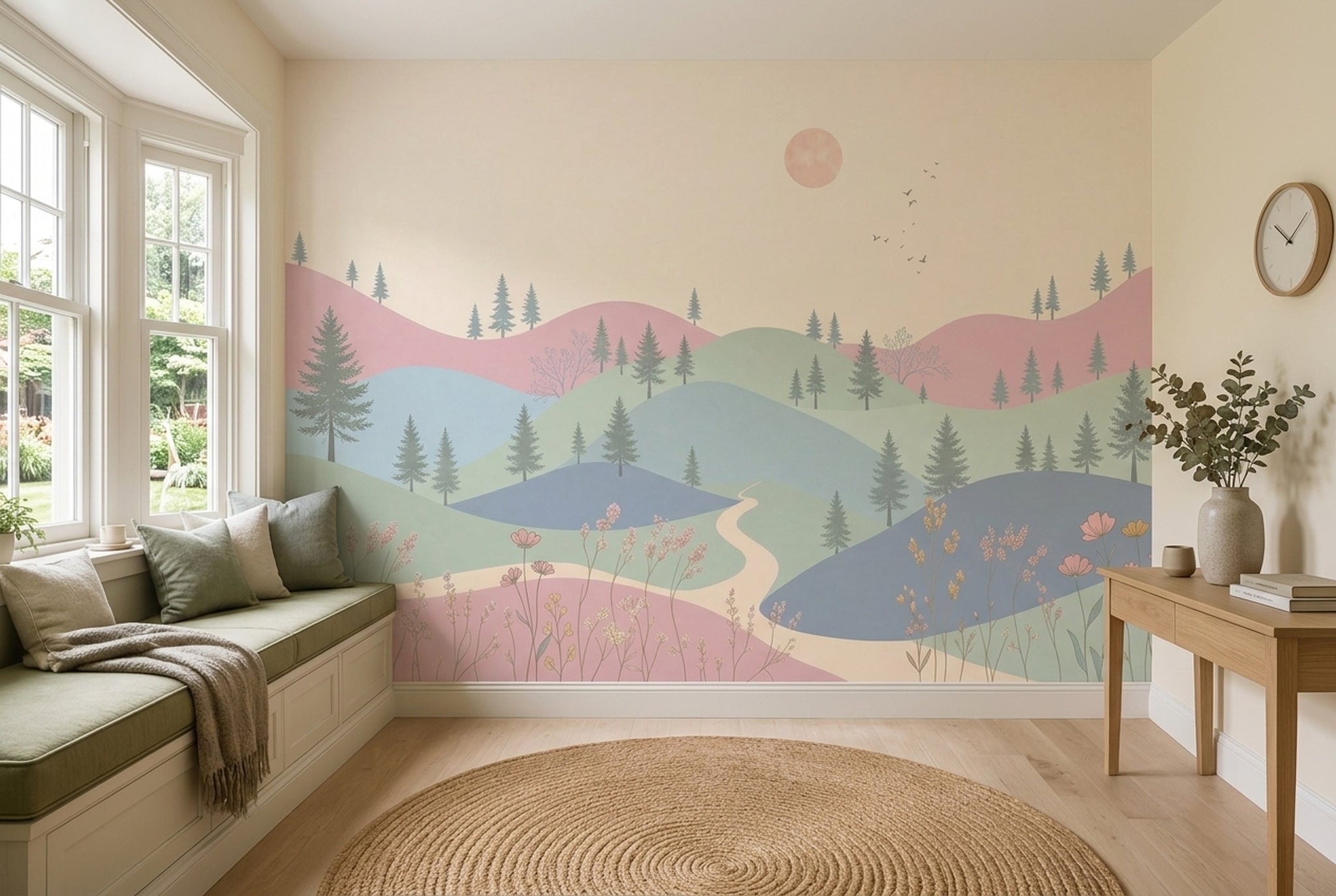 Pastel Landscape Wallpaper Rolling Hills Pine Trees Wall Mural