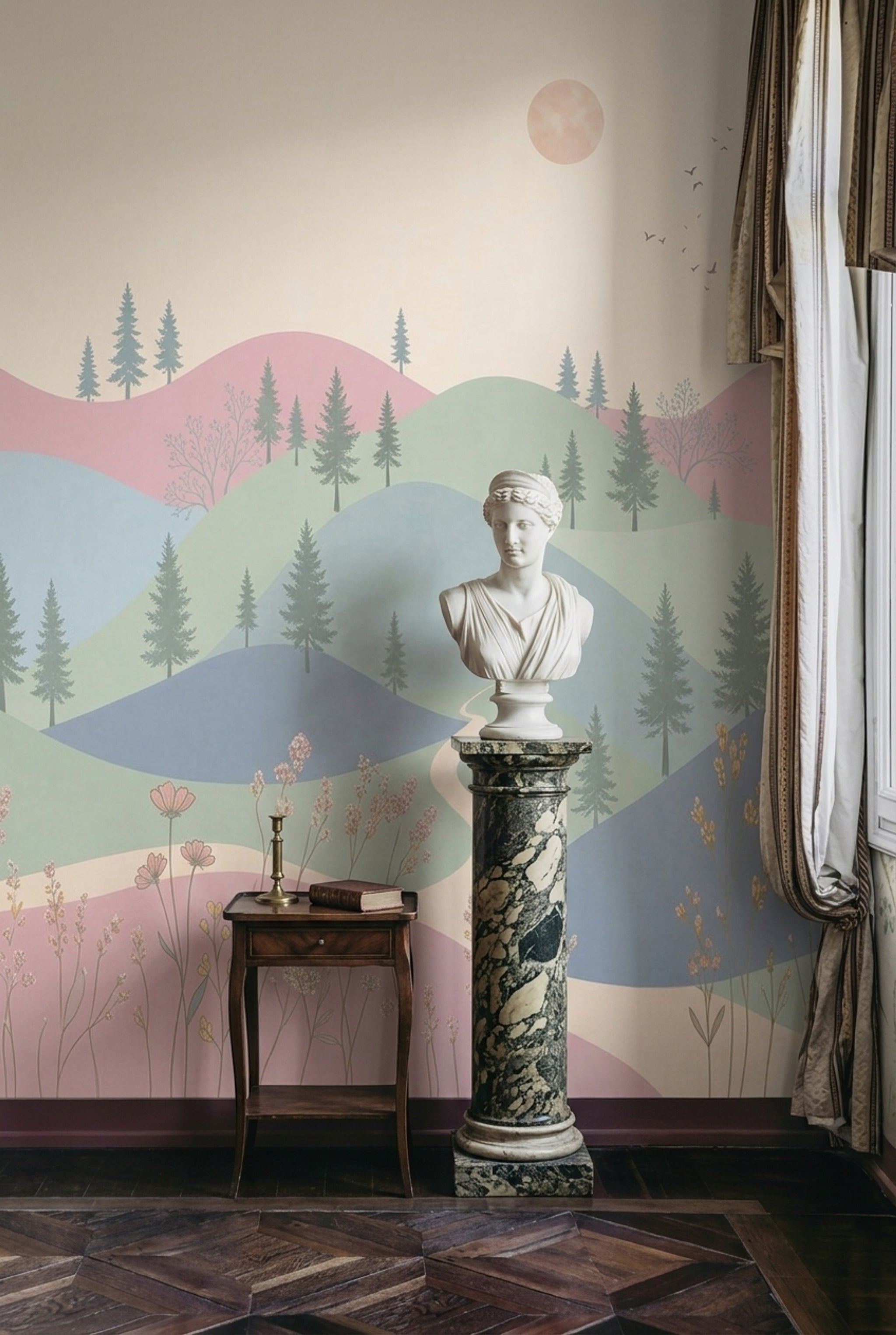 Pastel Landscape Wallpaper Rolling Hills Pine Trees Wall Mural