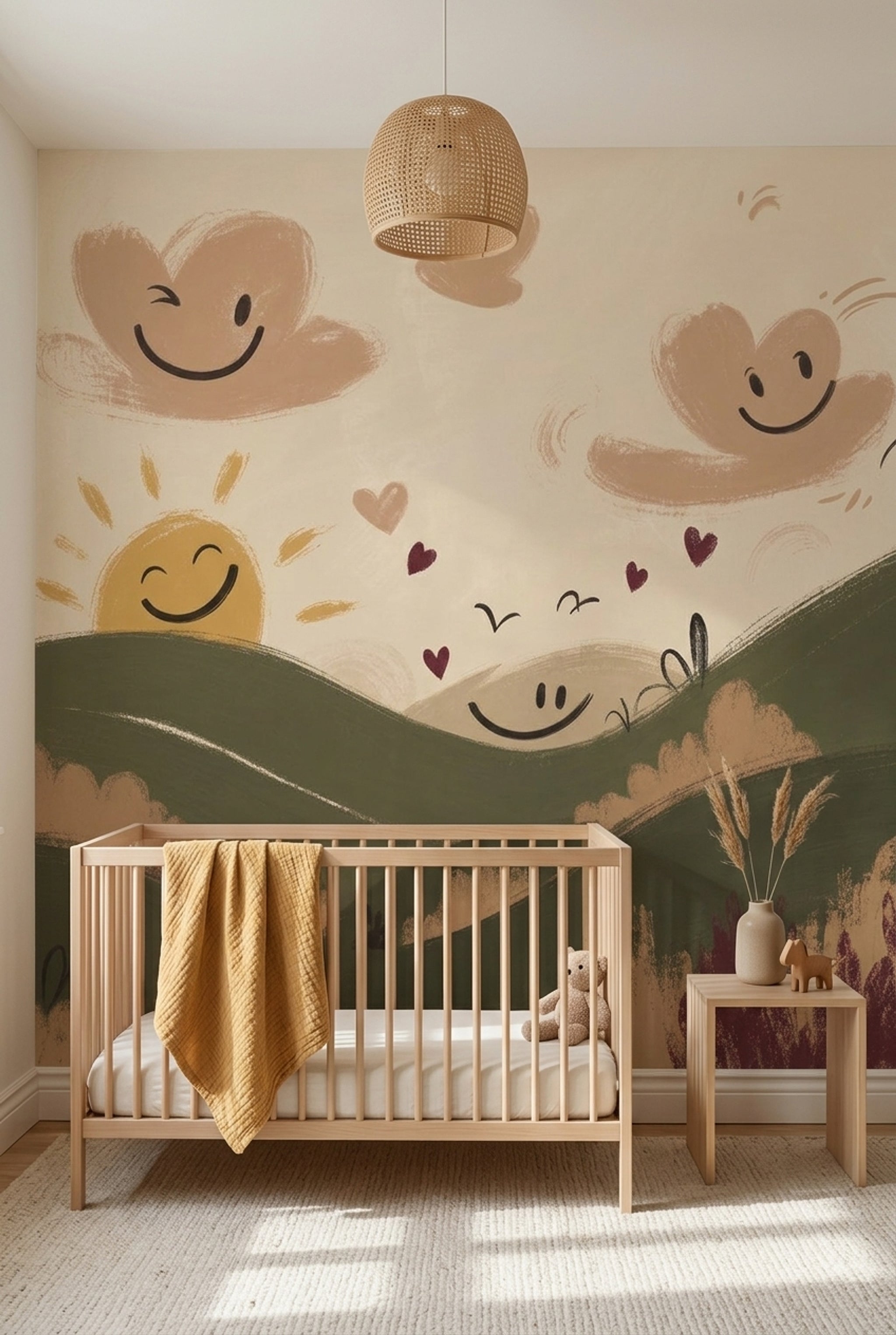Whimsical Landscape Wallpaper Rolling Hills Smiling Sun Removable Wall Decor