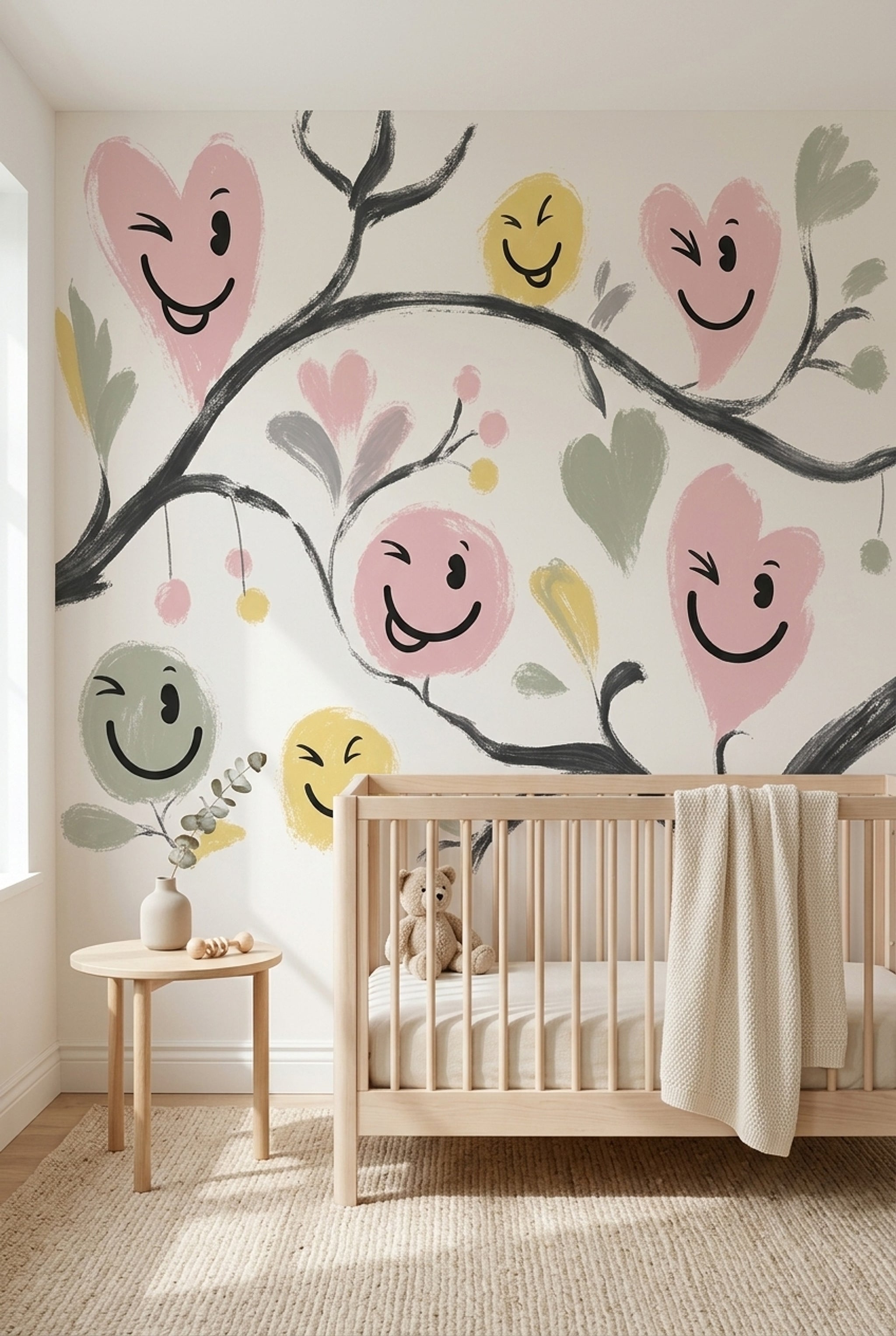 Whimsical Floral Wallpaper Smiley Faces Heart Flowers Wall Mural