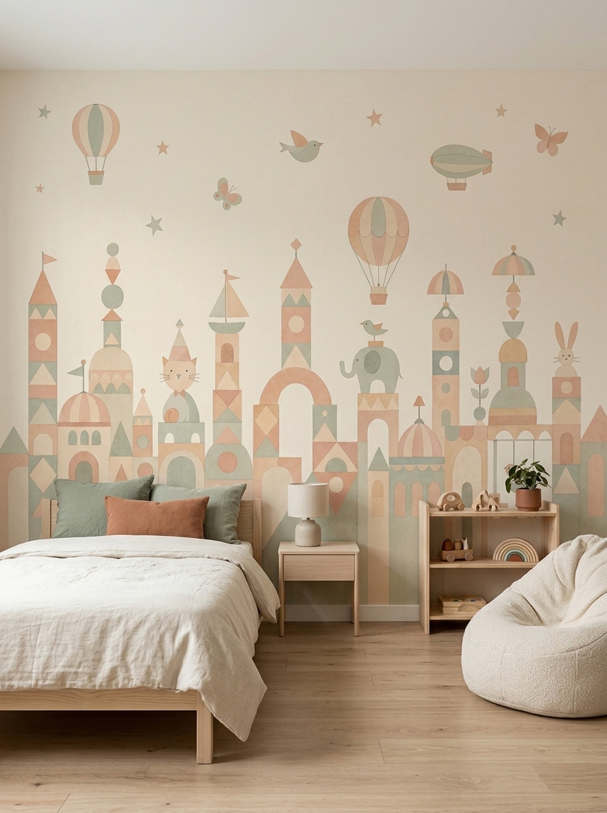 Pastel Cityscape Wallpaper Nursery Wallpaper Removable Hot Air Balloons Wall Decor