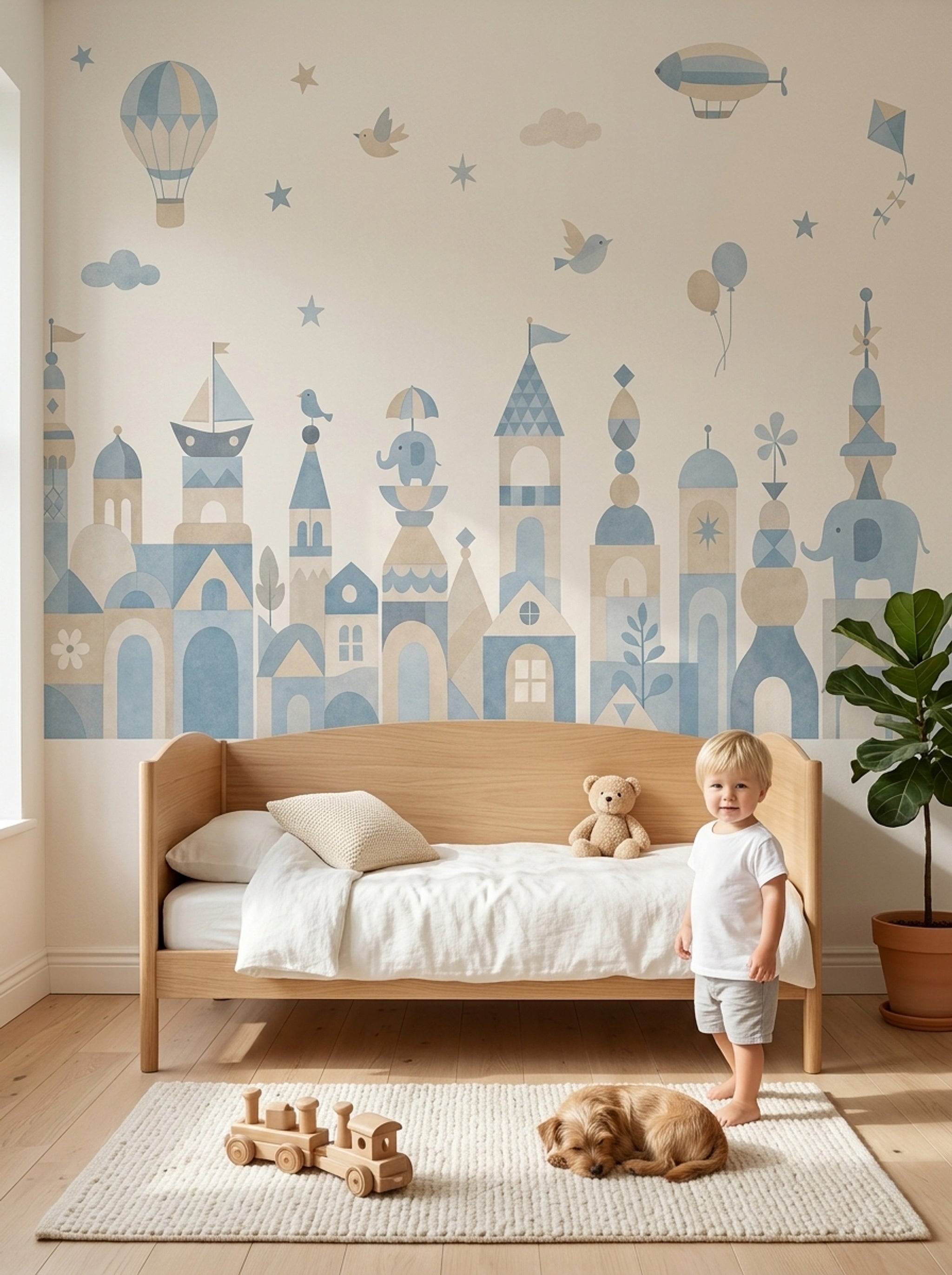 Hot Air Balloon Wallpaper Pastel Cityscape Kids Removable Wall Decor