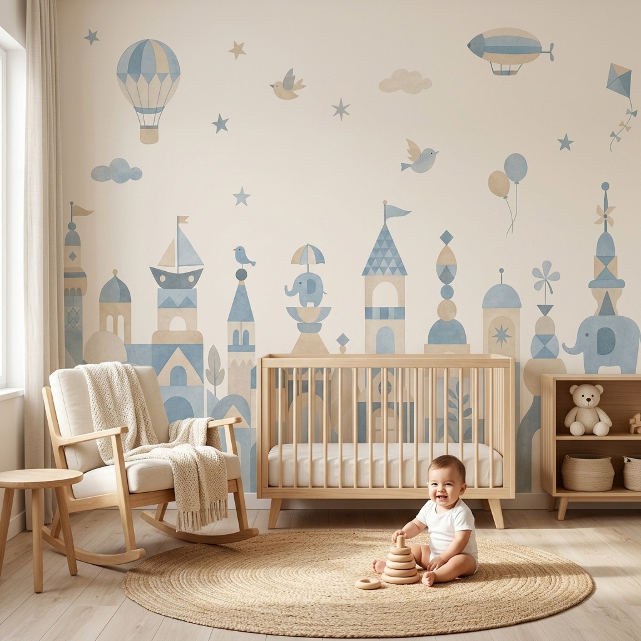 Hot Air Balloon Wallpaper Pastel Cityscape Kids Removable Wall Decor
