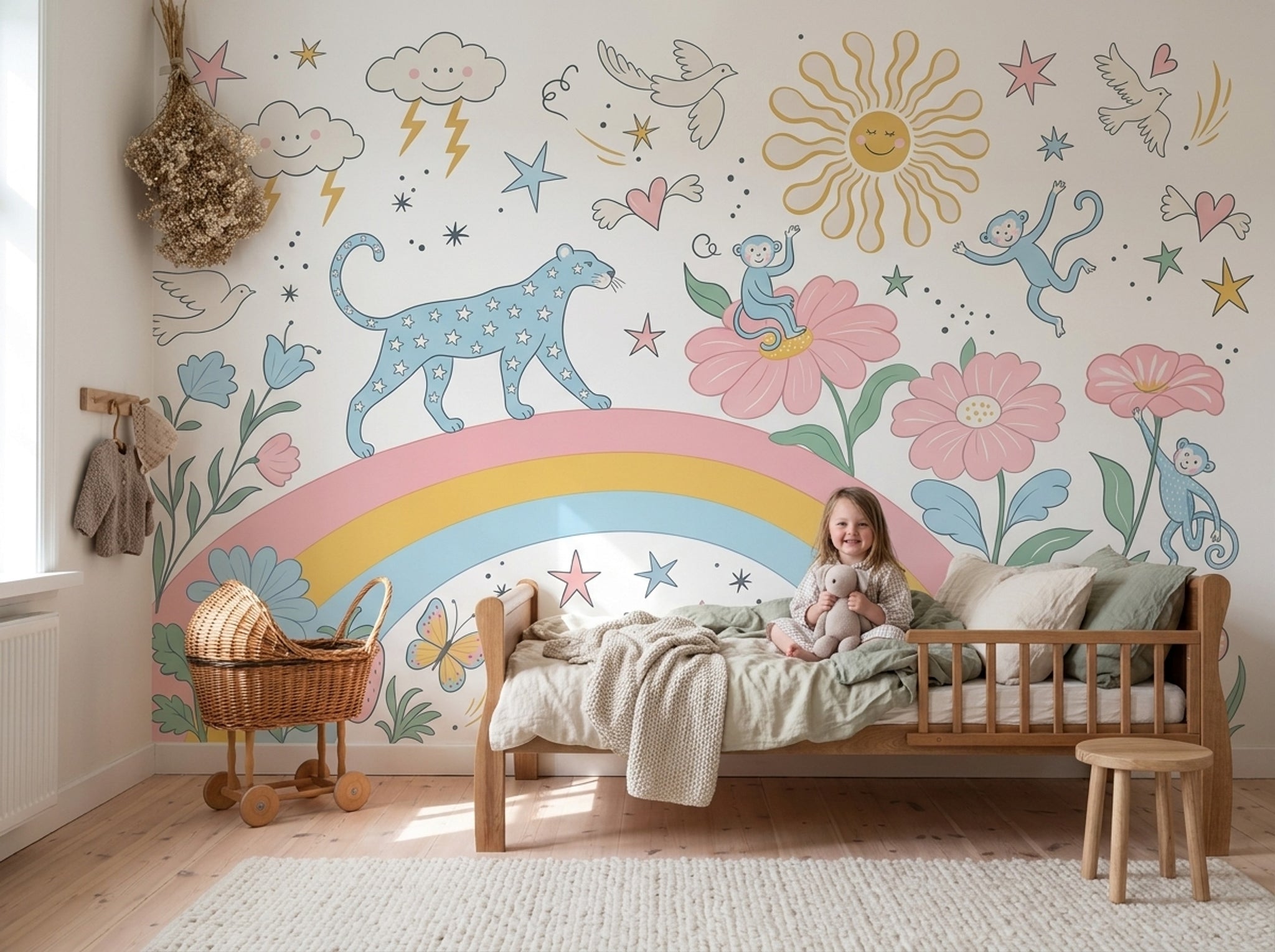 White Background Wallpaper Pastel Kids Removable Whimsical Wall Decor
