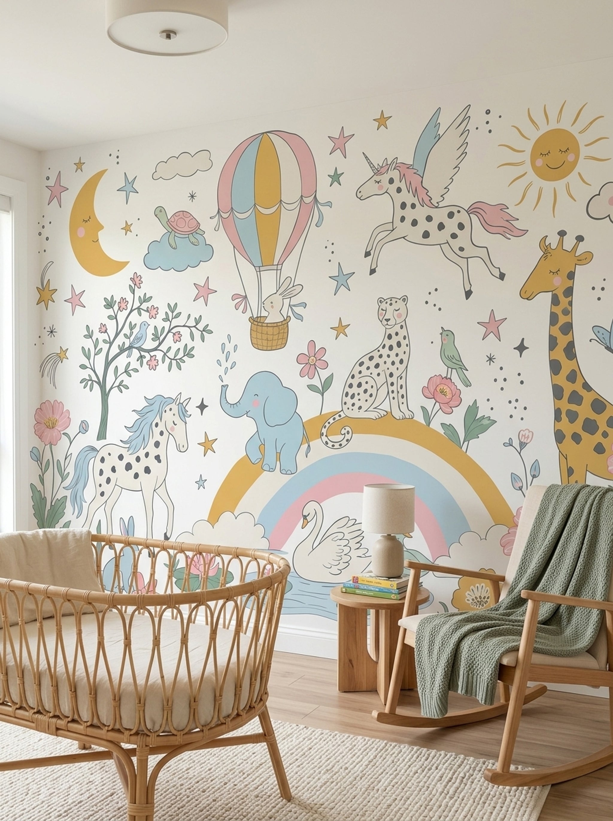 White Background Wallpaper Hot Air Balloon Rainbow Wall Mural