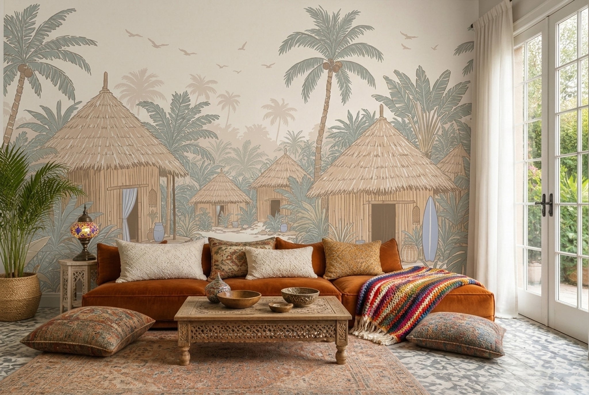 Tropical Village Wallpaper Thatched Huts Removable Palm Trees Wall Decor