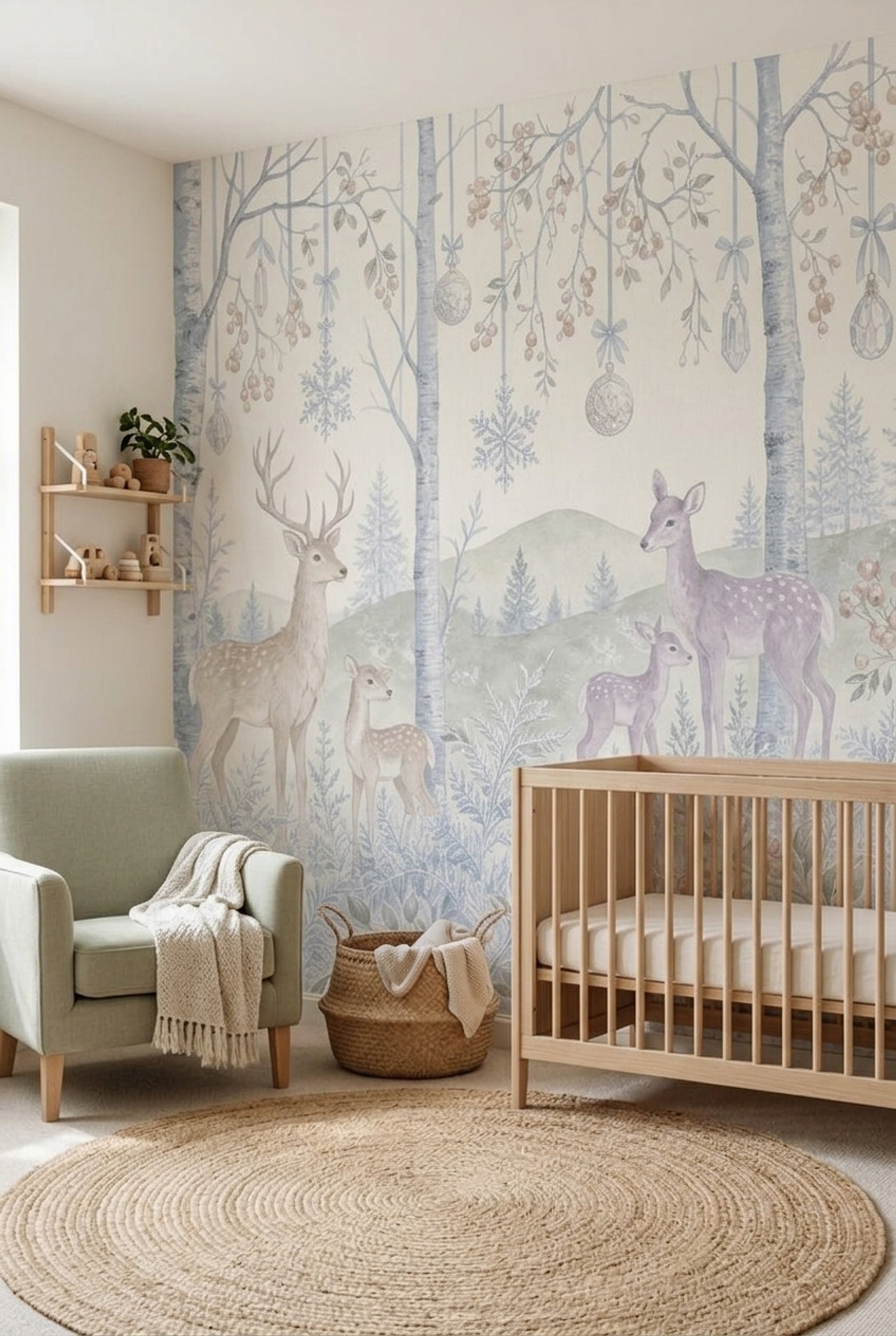 Winter Woodland Wallpaper Deer Removable Birch Trees Wall Decor