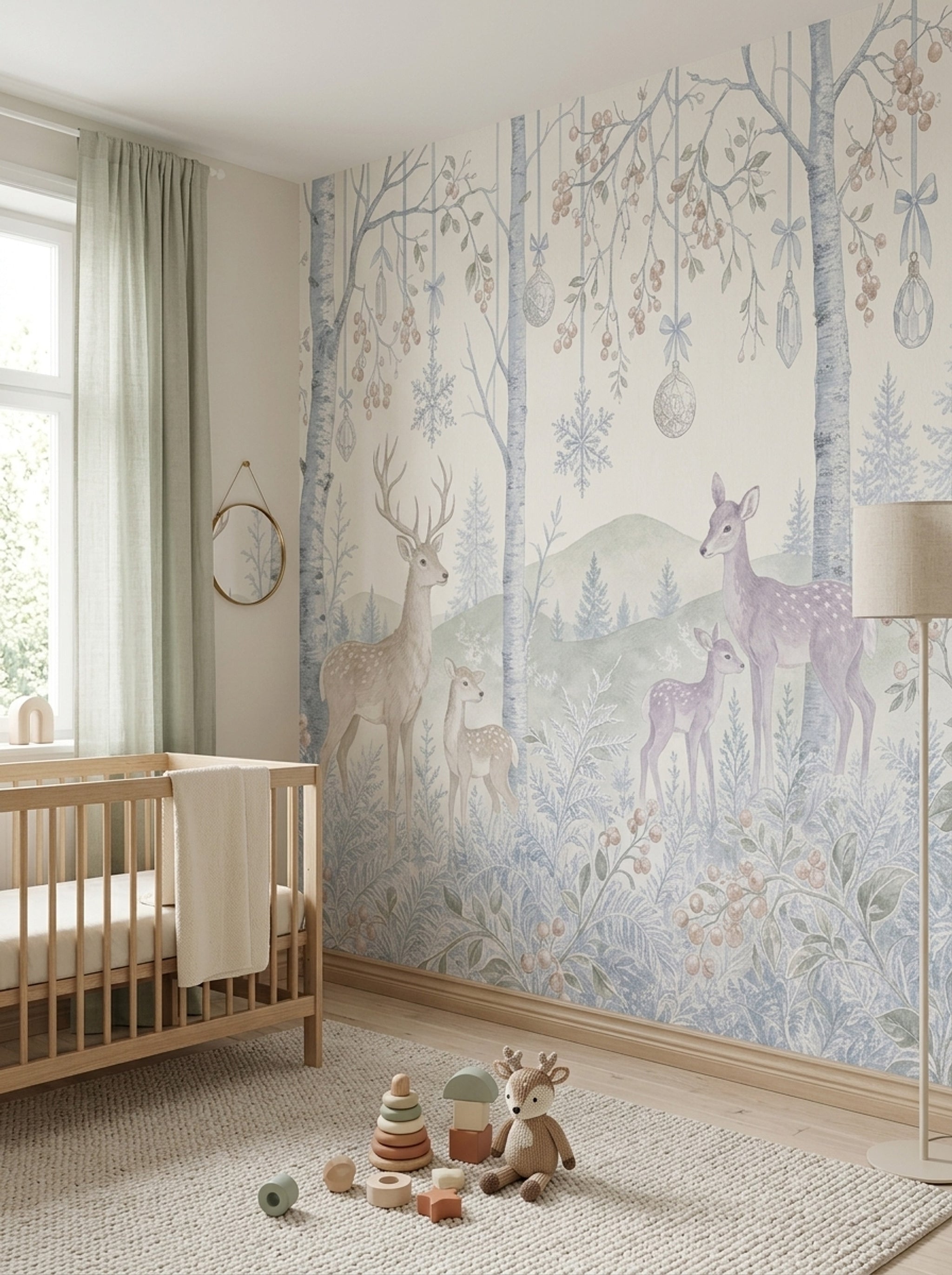 Winter Woodland Wallpaper Deer Removable Birch Trees Wall Decor