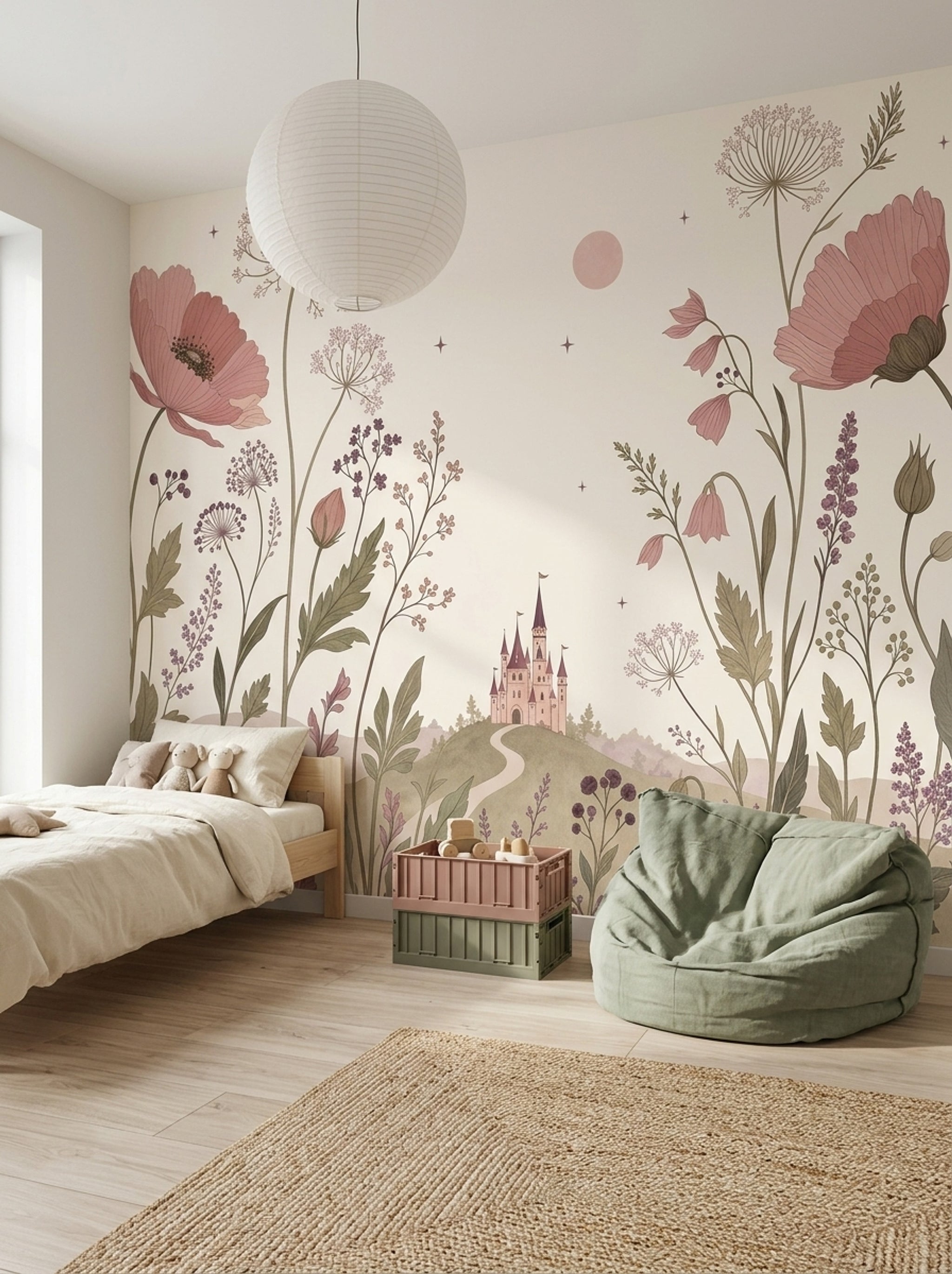 Muted Green Wallpaper Pastel Floral Removable Fairy Tale Wall Decor