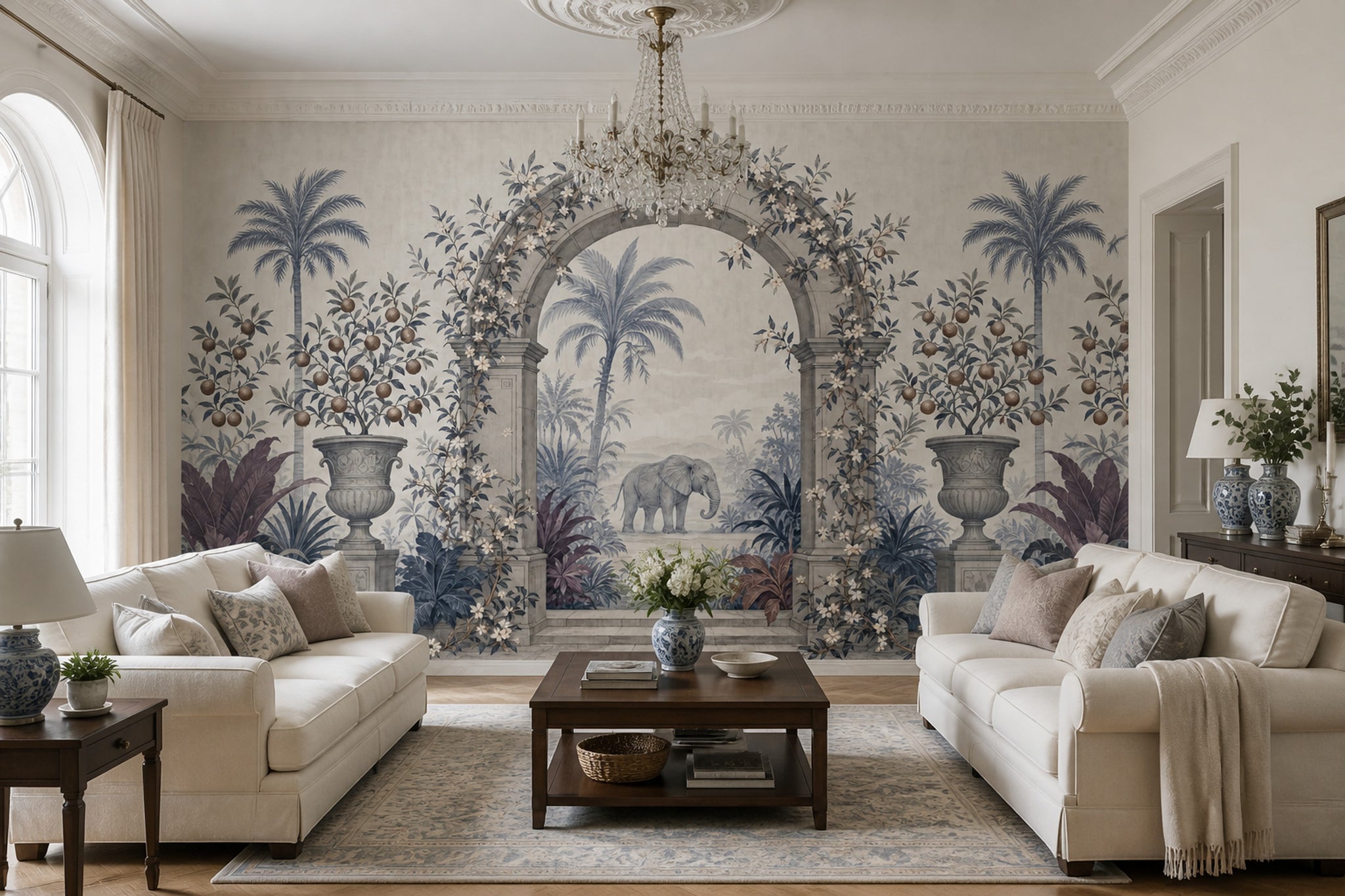 Classical Arch Wallpaper Tropical Garden Elephant Removable Wall Decor