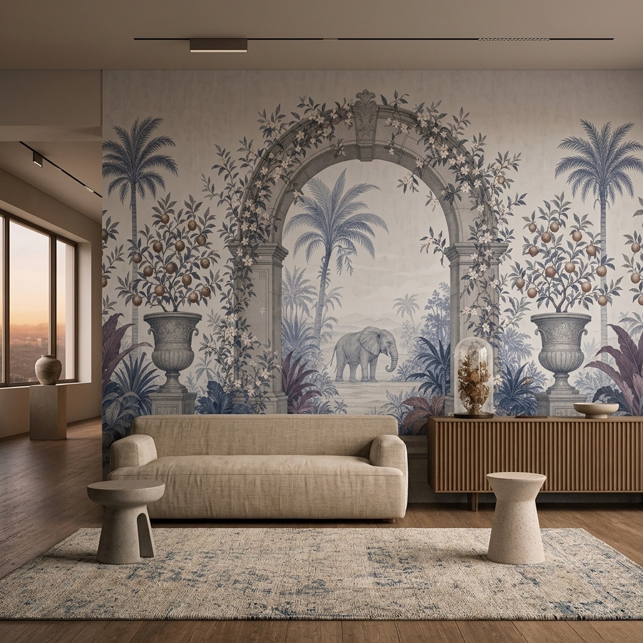 Classical Arch Wallpaper Tropical Garden Elephant Removable Wall Decor