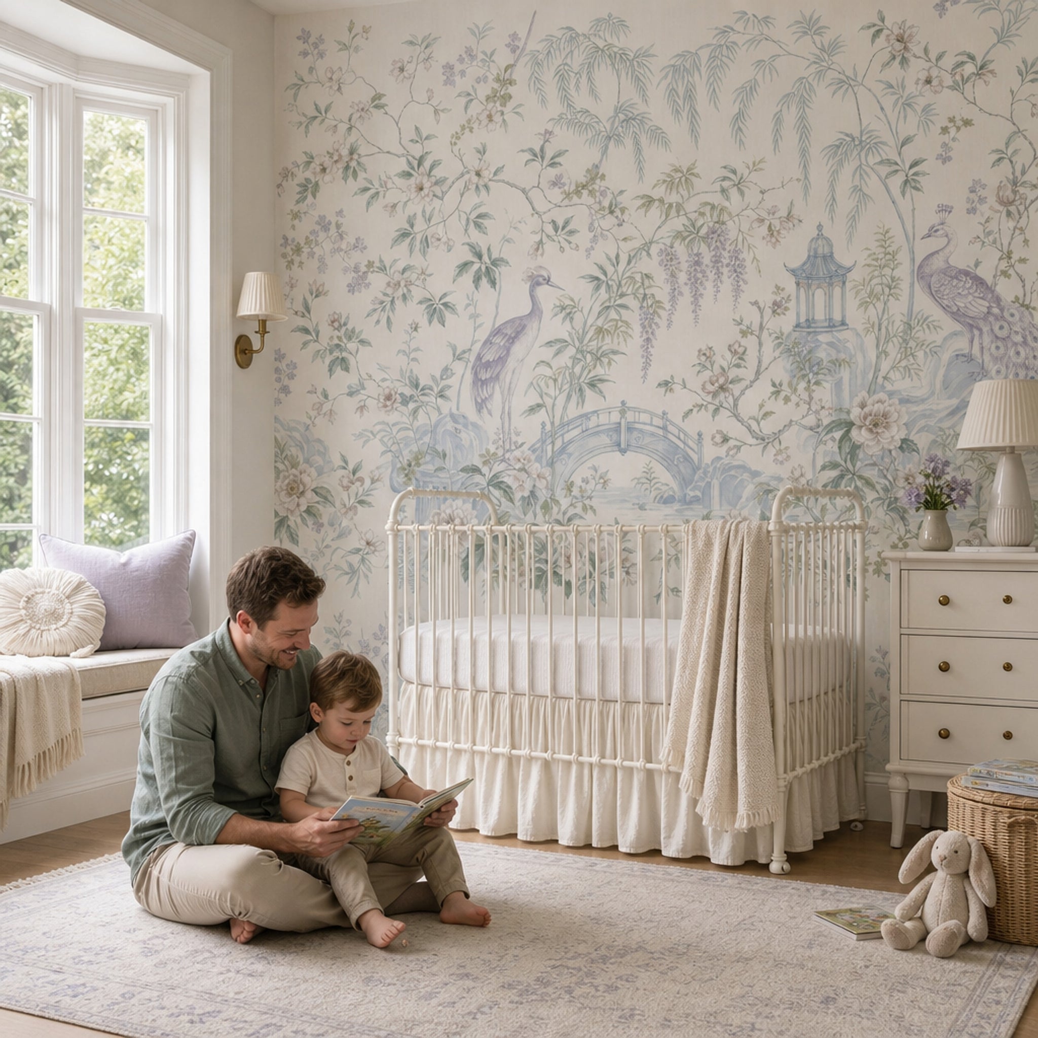 Chinoiserie Wallpaper Peacock Pagoda Removable Wall Decor