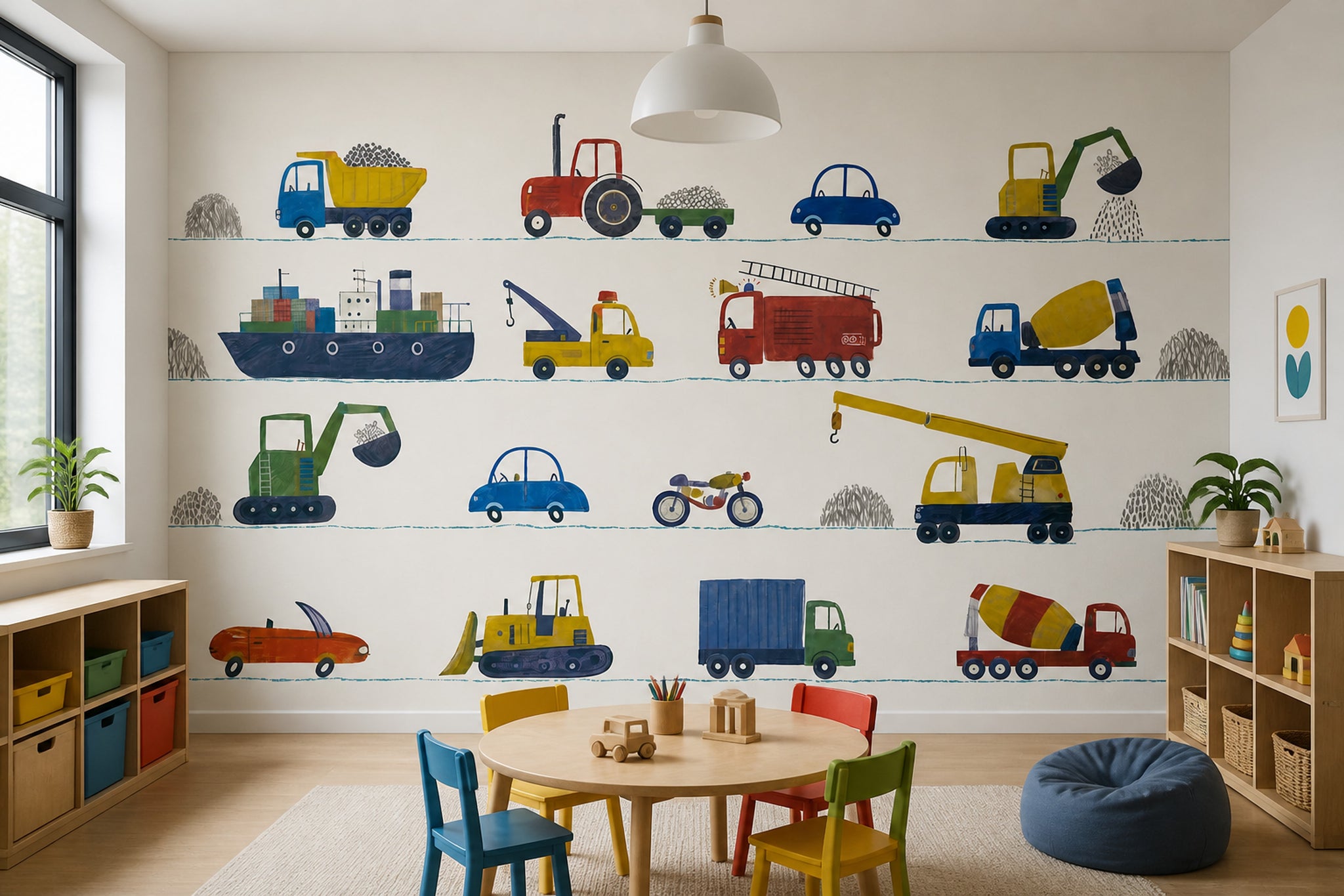 White Background Wallpaper Kids Room Construction Vehicles Wall Mural