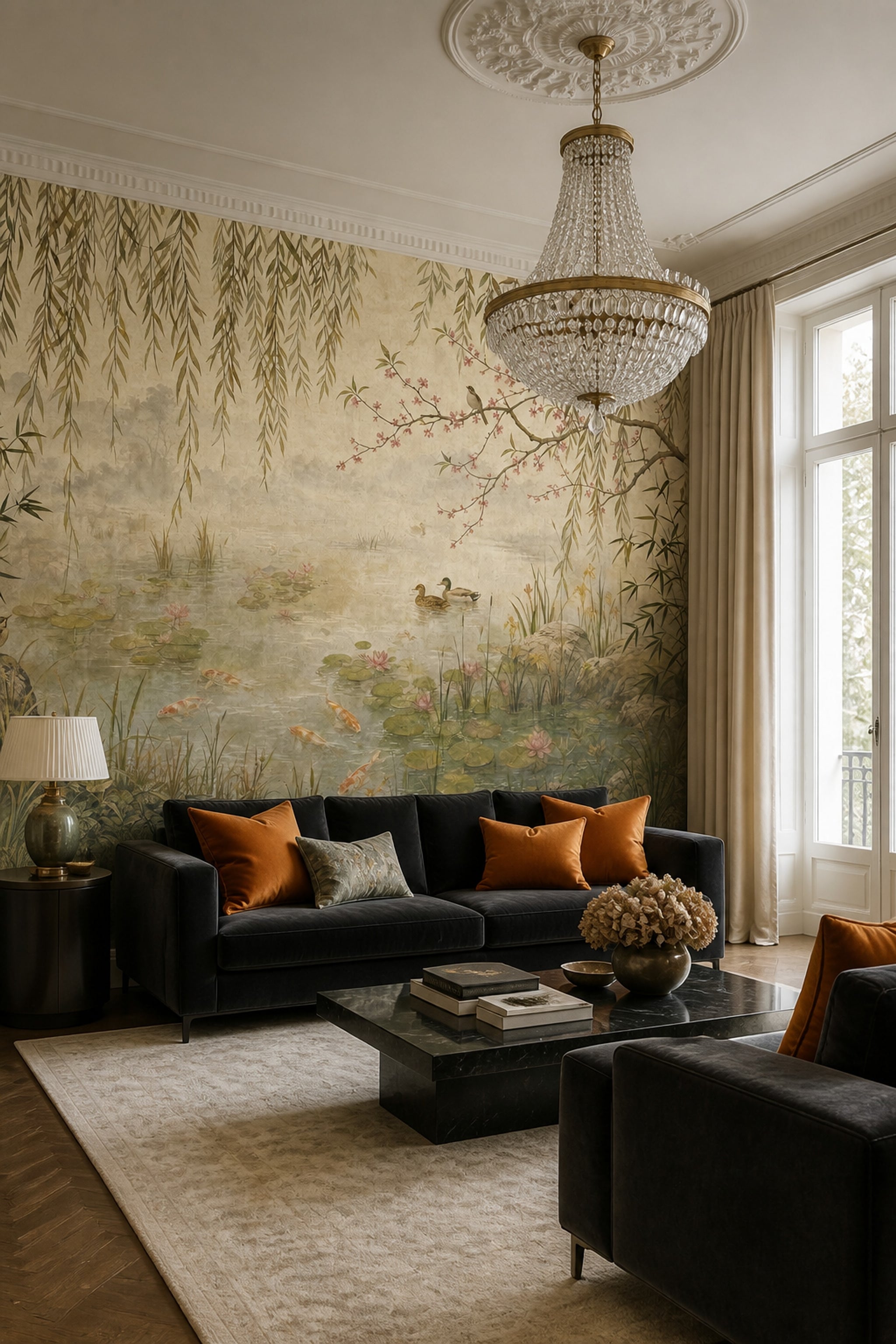 Water Lilies Wallpaper Willow Branches Pond Garden Removable Wall Decor