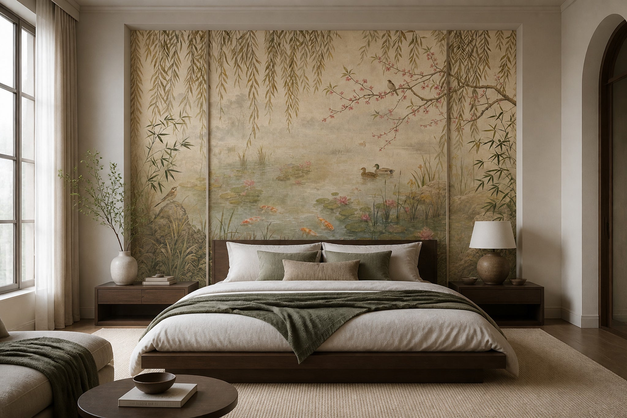 Water Lilies Wallpaper Willow Branches Pond Garden Removable Wall Decor