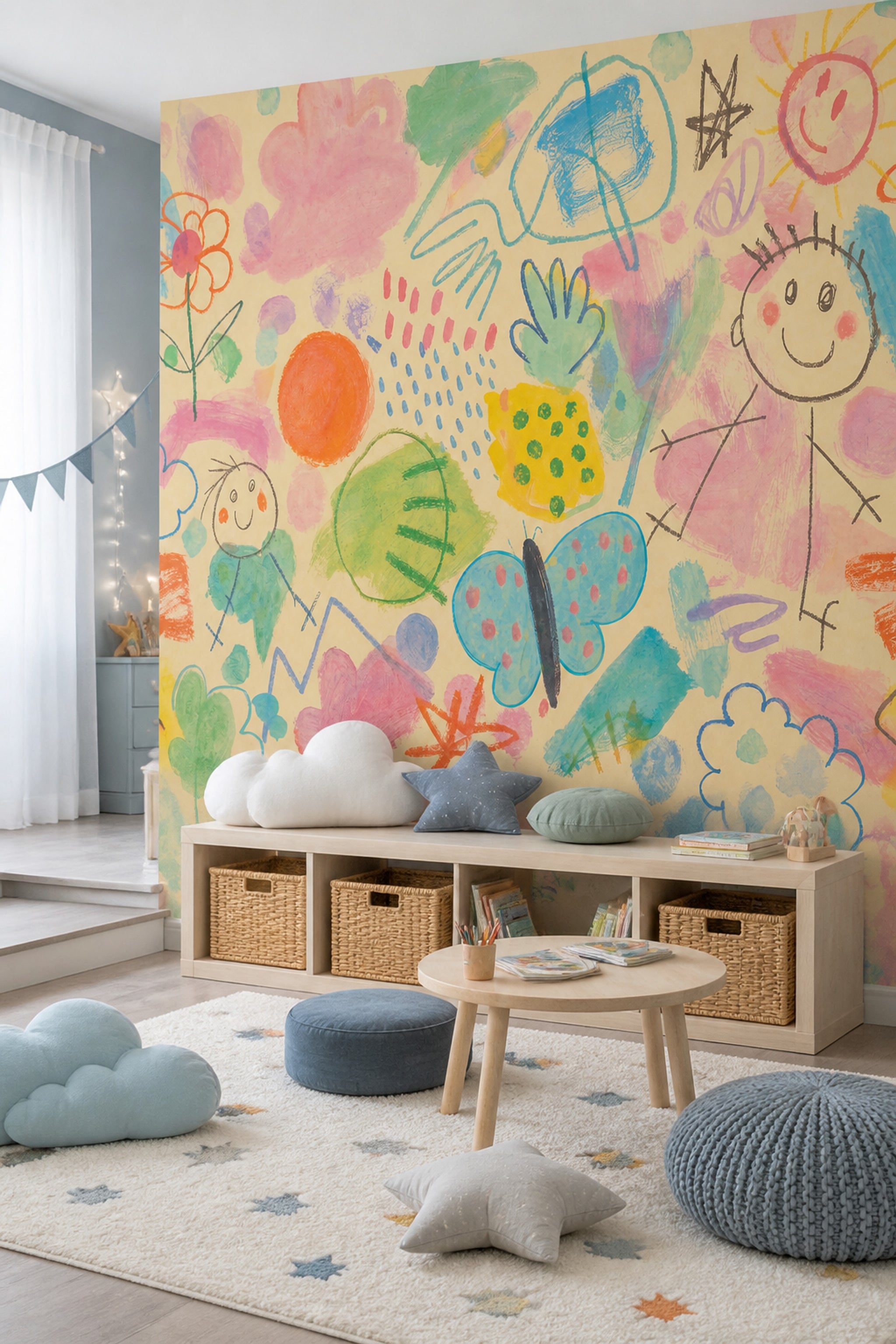Childrens Art Wallpaper Crayon Doodles Whimsical Wall Mural