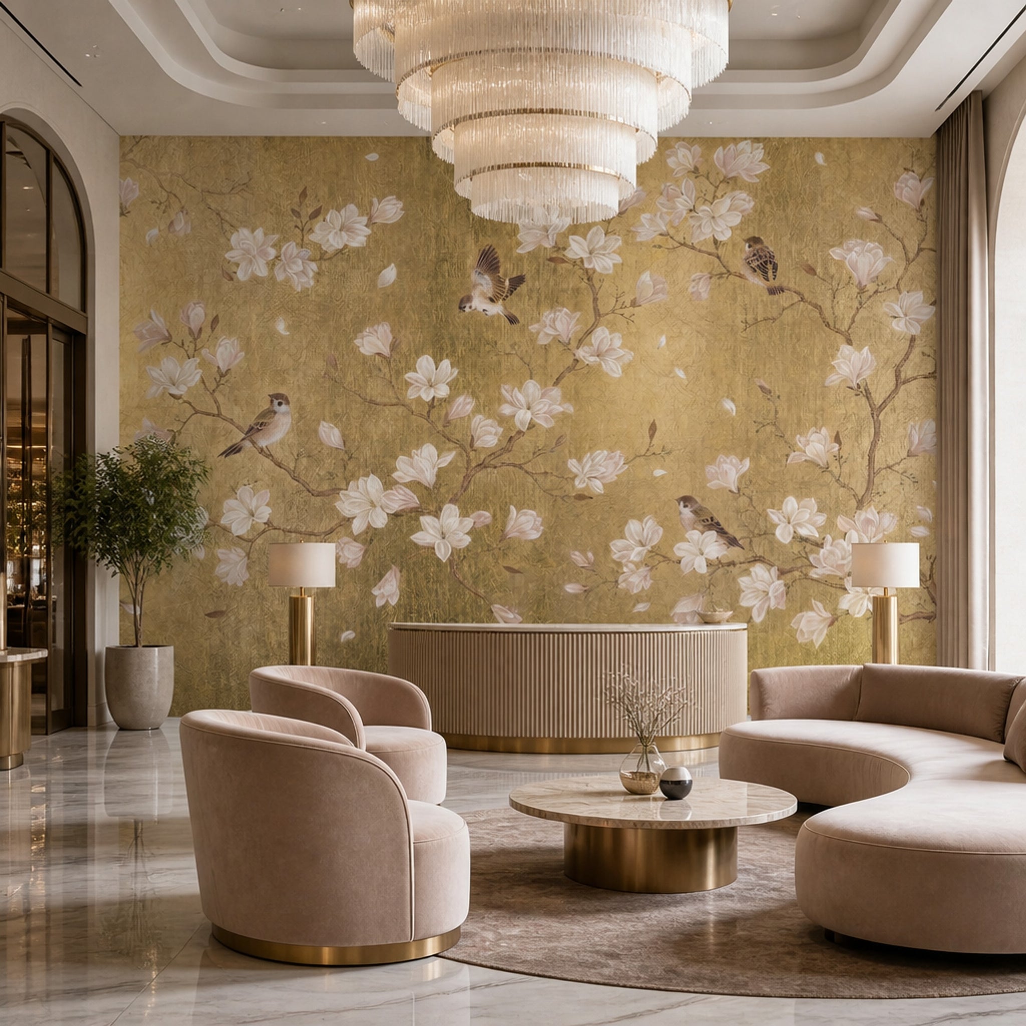 Gold Floral Wallpaper Chinoiserie Removable Magnolia Flowers Wall Decor