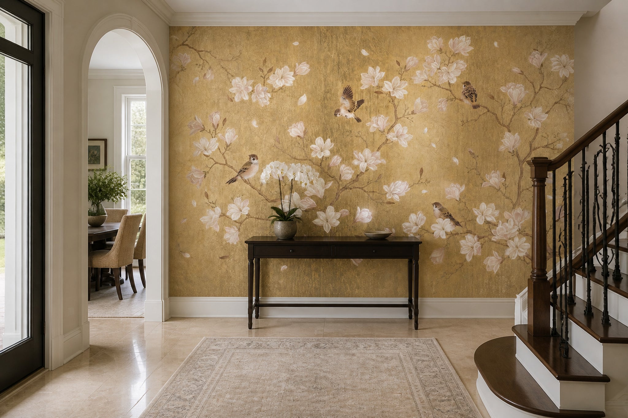 Gold Floral Wallpaper Chinoiserie Removable Magnolia Flowers Wall Decor
