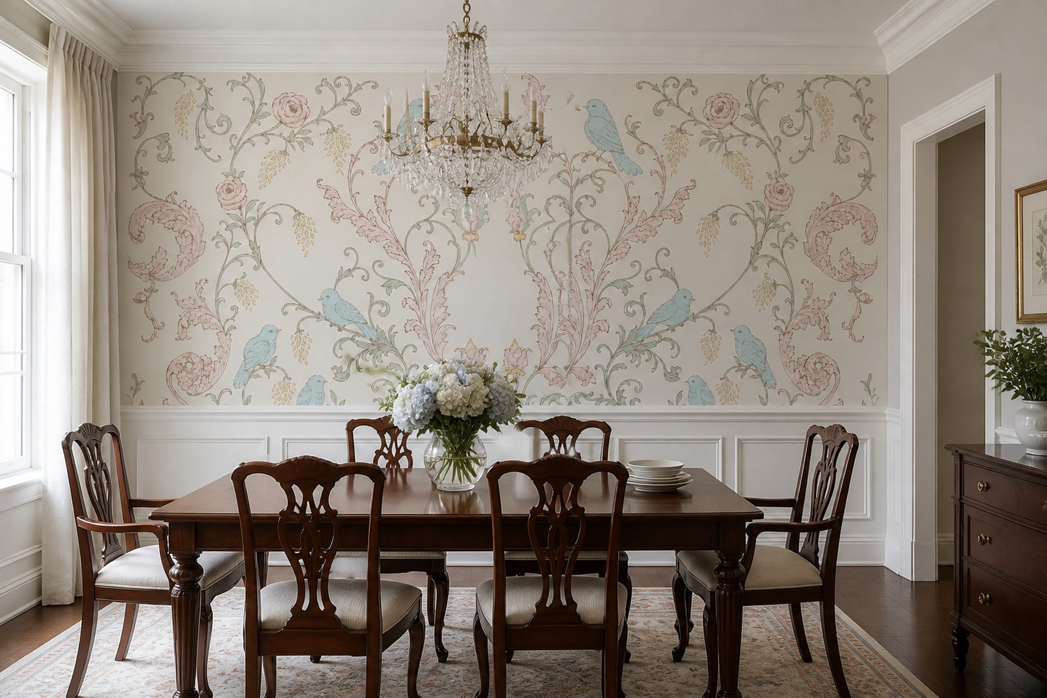 Floral Damask Wallpaper Birds Removable Pastel Wall Decor