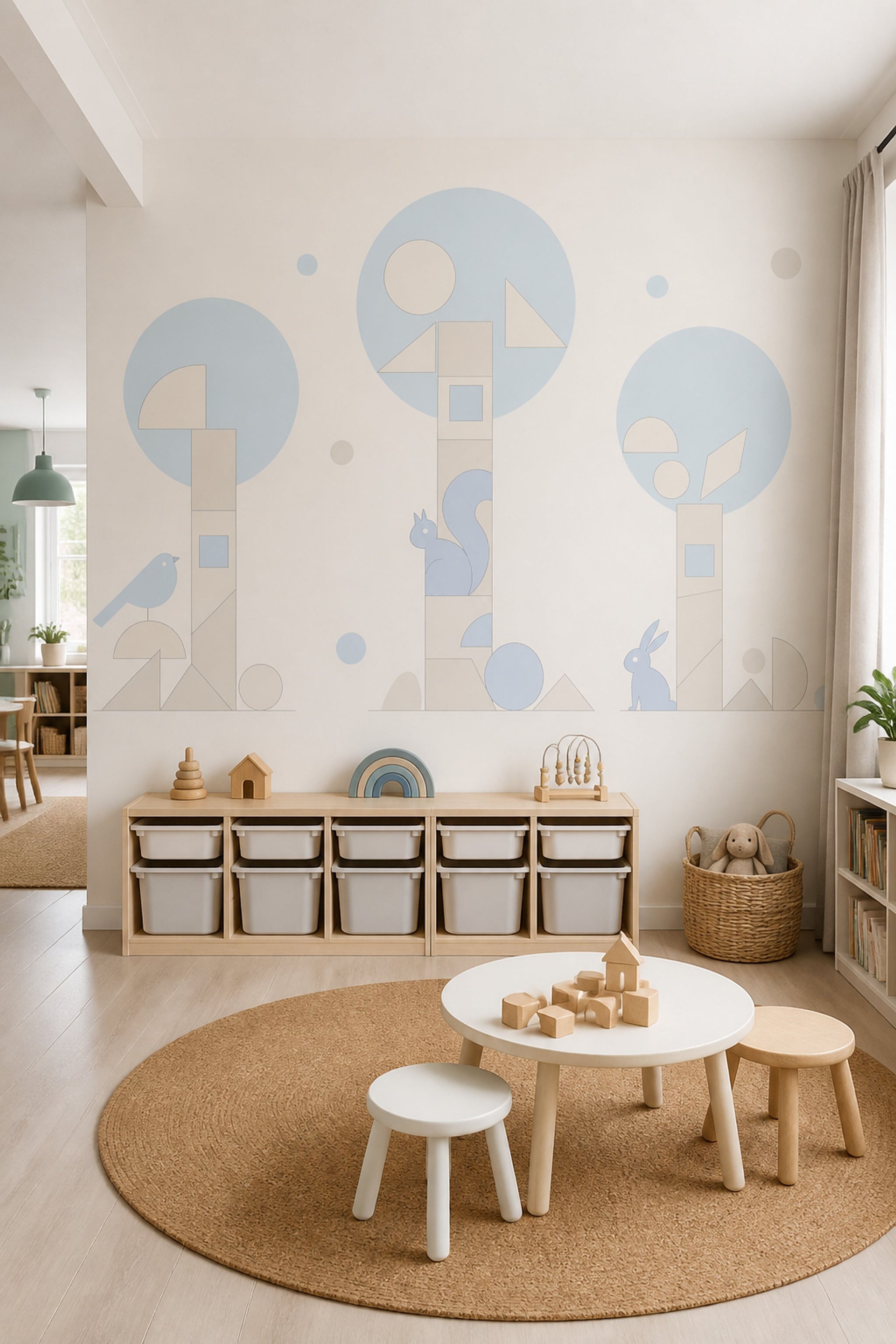 Geometric Woodland Wallpaper Pastel Nursery Removable Scandinavian Wall Decor