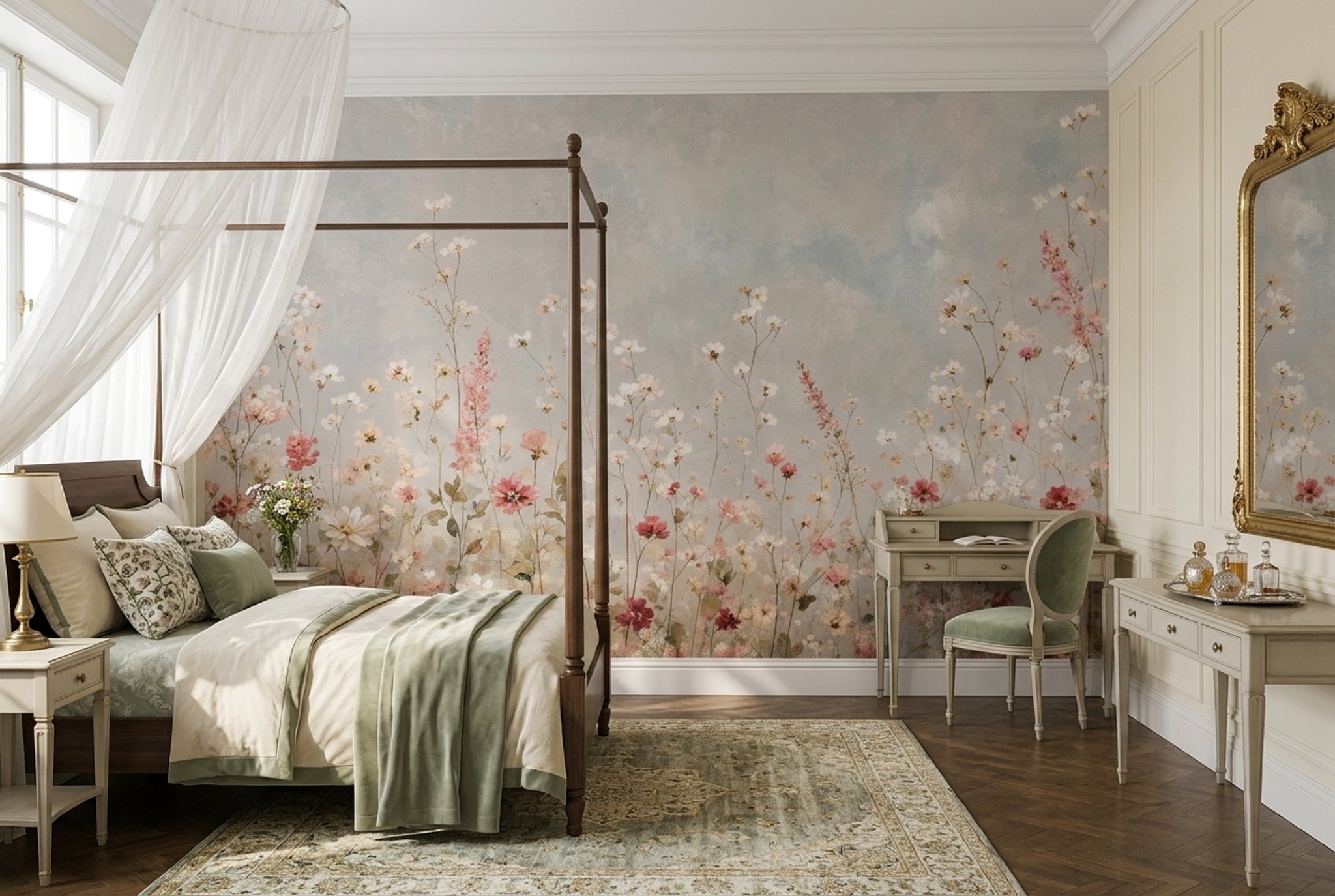 Muted Green Wallpaper Wildflowers Watercolor Wall Mural