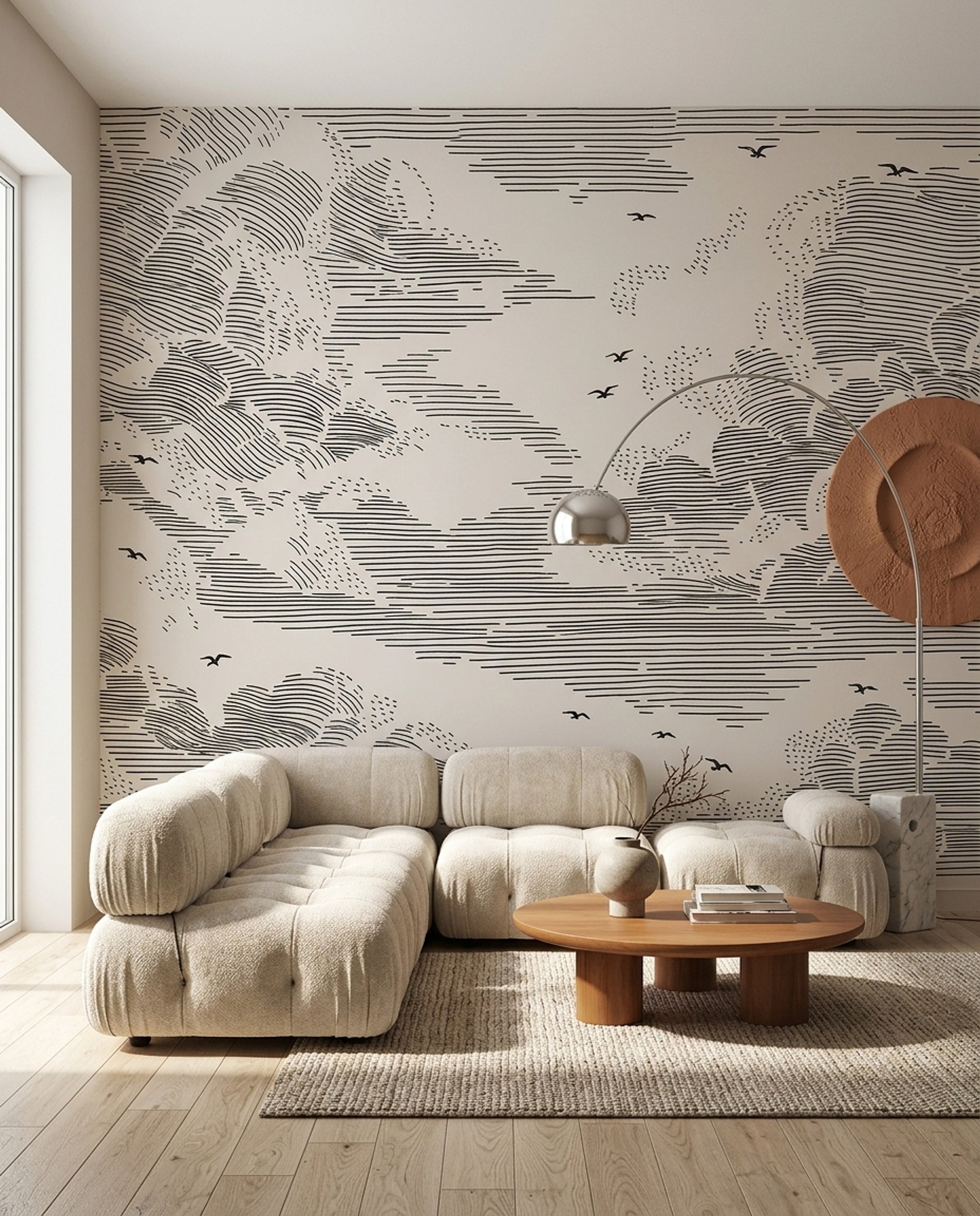 Cloudscape Wallpaper Ivory Background Removable Black Linework Wall Decor