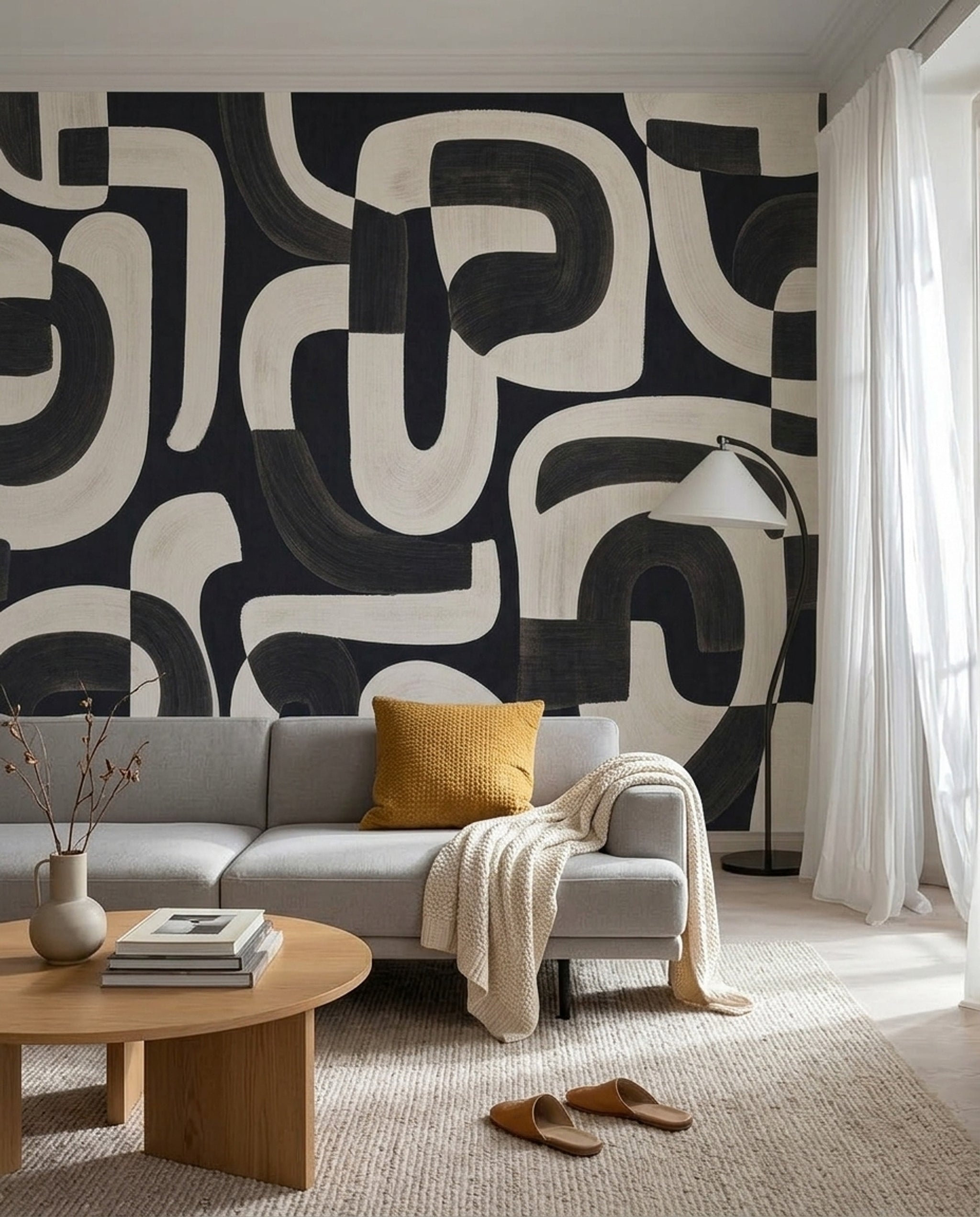 Black And Ivory Wallpaper Brushstroke Curved Lines Removable Wall Decor