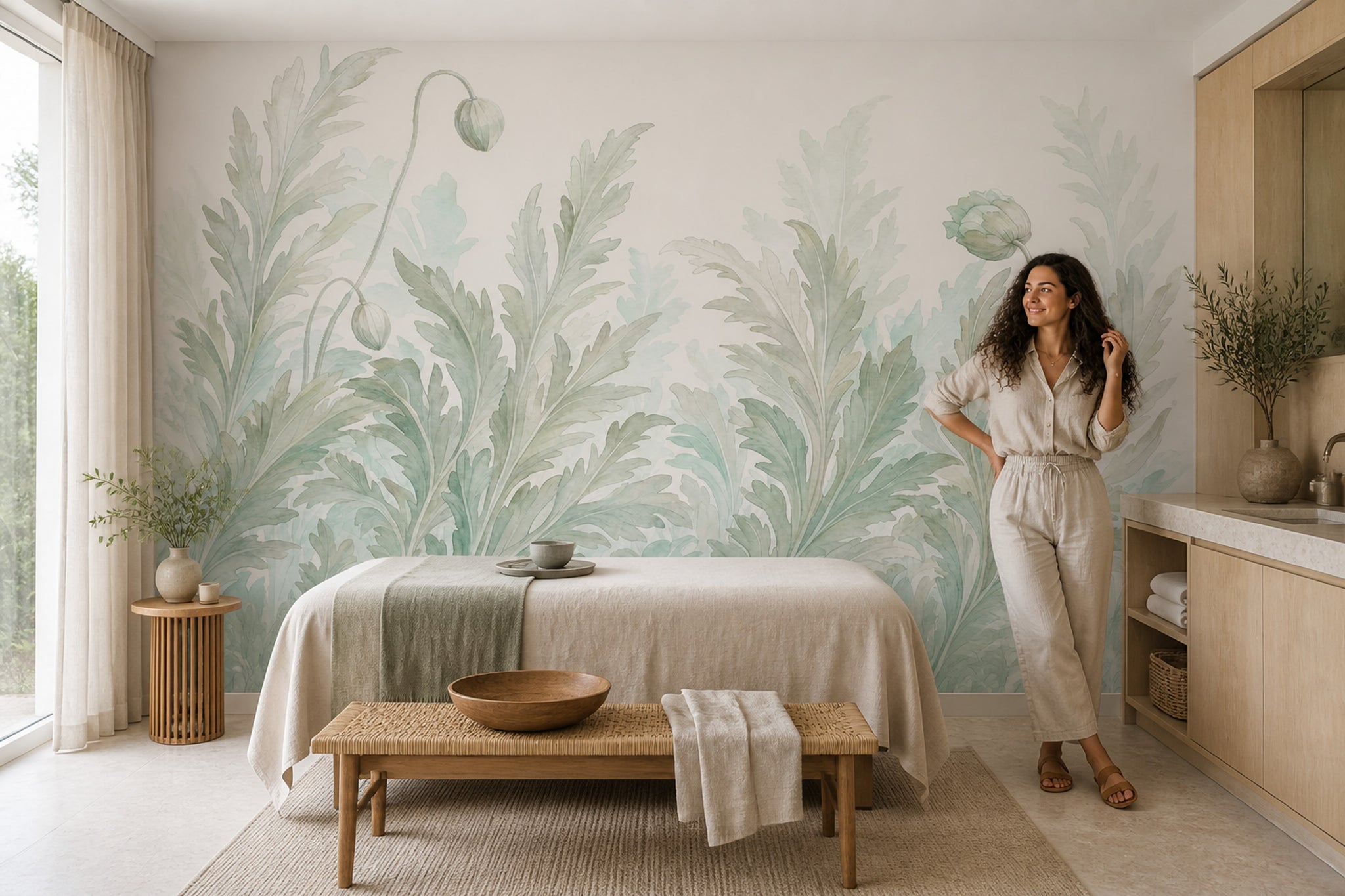 Botanical Wallpaper Watercolor Sage Green Removable Wall Decor