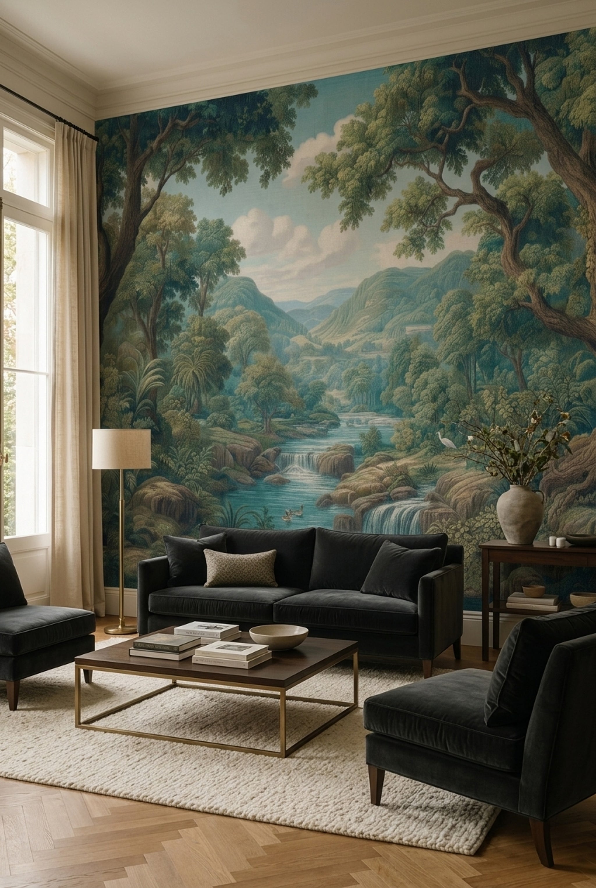 Scenic Landscape Wallpaper Forest River Removable Waterfall Wall Decor